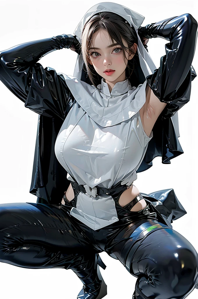 1girl,solo,medium breasts,(thigh gap:1.2),(cowboy shot:1.2),ruanyi020,squatting cowgirl position,black bodysuit,bdsm,nun,capelet,(white hair),, (masterpiece, best quality, hires, high resolution:1.2), (extremely detailed, realistic, intricate details, highres), 3d, cg,  bbw, shiny skin, , blush,, eyeliner, eyeshadow, eyelashes,, (gigantic breasts, saggy breasts:1.1), (cinematic lighting, sunlight, volumetric), looking at viewer, simple church background, vintage fantasy, 1960s \(style\), film grain,((show armpits,sexy armpits,clean armpits,sweat armpits)) less suit,few pieces of clothing,Spread your legs,Tight fitting dress