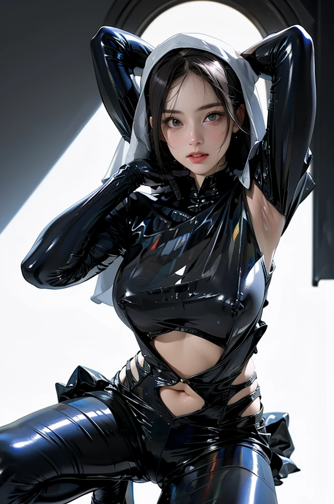 1girl,solo,medium breasts,(thigh gap:1.2),(cowboy shot:1.2),ruanyi020,squatting cowgirl position,black bodysuit,bdsm,nun,capelet,(white hair),, (masterpiece, best quality, hires, high resolution:1.2), (extremely detailed, realistic, intricate details, highres), 3d, cg, bbw, shiny skin, , blush,, eyeliner, eyeshadow, eyelashes,, (gigantic breasts, saggy breasts:1.1), (cinematic lighting, sunlight, volumetric), looking at viewer, simple church background, vintage fantasy, 1960s \(style\), film grain,((show armpits,sexy armpits,clean armpits,sweat armpits)) less suit,few pieces of clothing,Spread your legs,Tight fitting dress