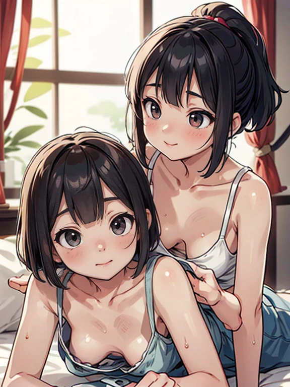 Glamorous love hotel,On a decorated bed,A Japanese woman in white  is holding her body, A Japanese woman with a bob cut is lying down, Two Japanese women in their 20s hugging each other, Wicked Smile, Japanese woman looking away, Random Pause,2 Japanese women,A real young gravure idol, Young and beautiful gravure idol, Chiho, 8k)), 若いSensualグラビアアイドル, Wet, Glowing Skin!!, Shiny silver, Mole under left eye,Cute freckles on the cheeks,((Beautiful Skin)),((Skin Texture)),((Real Touch)), healthy,unreddish skin, Beautiful clavicle, Tie your hair with a rubber band,ponytail, ((Embellished Detail Bra,Sensual)),Sunburn mark,