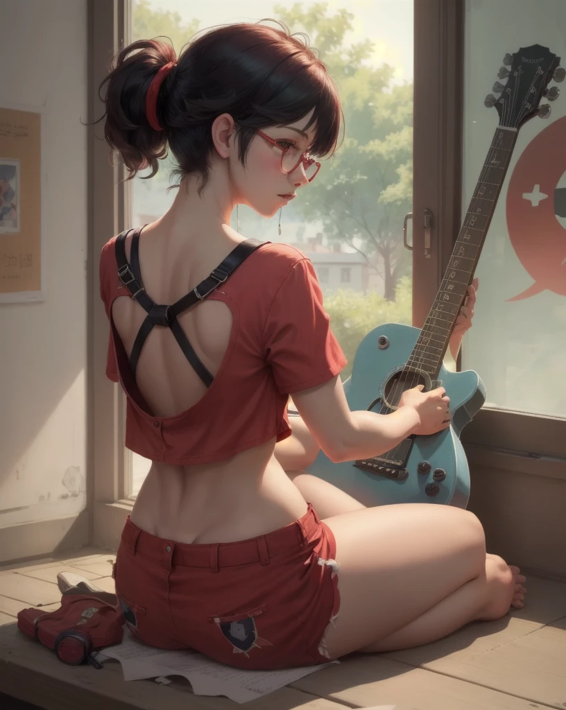 inoms, beautiful, artwork, best quality, 1 girl, colored glasses, has, red clothes, Alone, Shorts, pajamas, crop top, from behind, playing a guitar, sitting on the window, looking outside