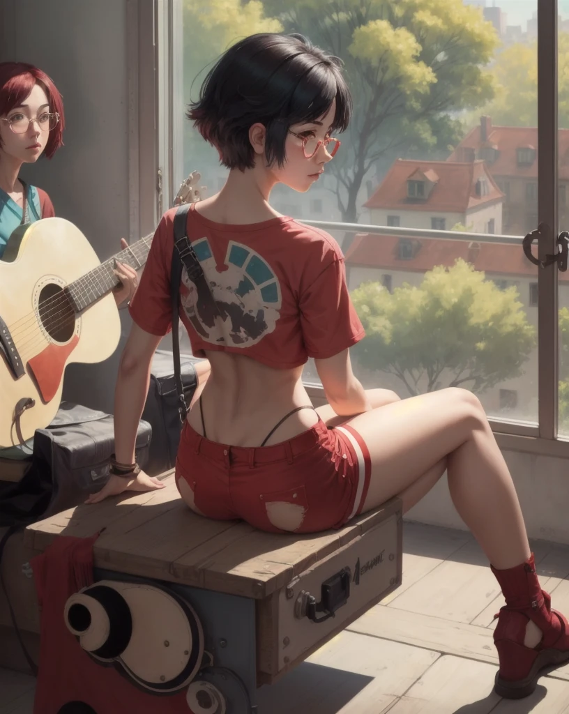 inoms, beautiful, artwork, best quality, 1 girl, colored glasses, has, red clothes, Alone, Shorts, pajamas, crop top, from behind, playing a guitar, sitting on the window, looking outside