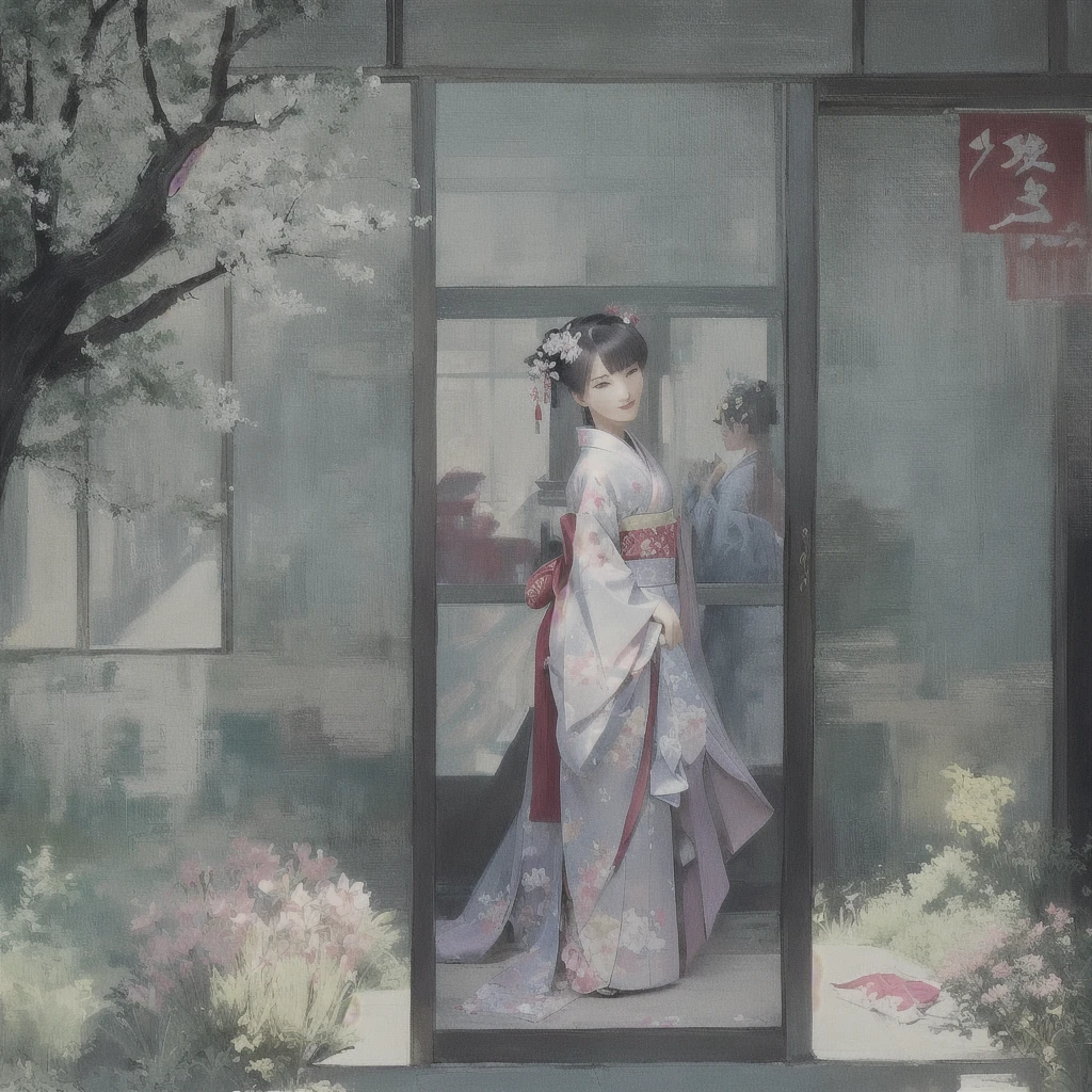 Animated scene of a woman in a kimono standing in front of a window, palace ， Girl in Han Dress, Gwaiz, artwork in the style of Gwaiz, Beautiful anime artwork, Gwaiz on pixiv artstation, Gwaiz on artstation pixiv, Gwaiz masterpiece, Digital art on Pixiv, Beautiful anime art