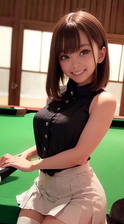 ((Billiard Wear、Billiards Costume、Billiards Uniforms、Sleeveless shirt、Pleated mini skirt with slit、Knee-high socks))、1 girl、Bob Hair、Brown Hair、Medium breast、smile、masterpiece:1.3、Raw photo、Highest quality、indoor、Pool table、Detailed Background、Anatomically correct arms and legs、Anatomically correct fingers、