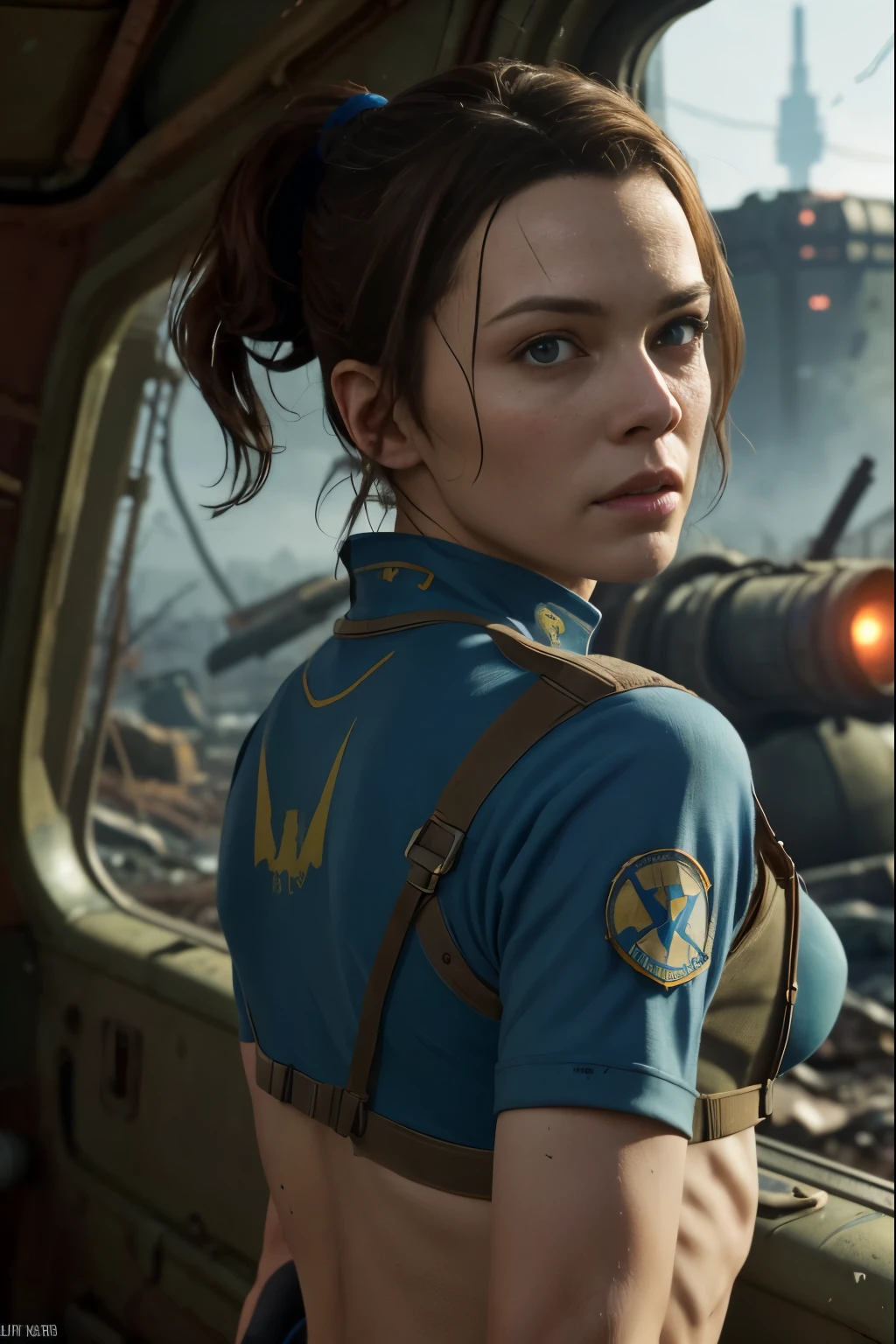 A cute and nerdy woman, (Milla Jovovich:Alison Brie:0.5), brunette hair tied in a ponytail, wearing an open high detail blue Fallout 4 vault suit, high detail face, high detail skin, seductive expression, perfect body, perfect proportions, an overgrown city long ruined by nuclear war in the background, high quality, masterpiece, realistic photo, intricately detailed, 8k, HDR, shallow depth of field, wide light, high contrast, backlight, sharp focus, RAW color photo, looking at the camera, cool colors, dynamic poses, in the style of Fallout 4, nude