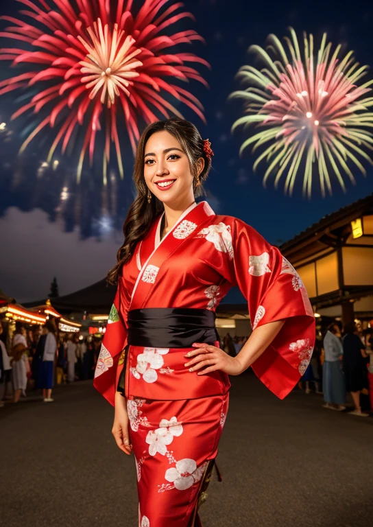 festive dress, enjoying an Italian festival. Vibrant surroundings, fireworks in the background, alta calidad,8K,calidad de imagen de alto nivel,una dama japonesa,1 personalidad,Una sonrisa,alto,muslos gruesos y regordetes,textura realista,cara enfocada,Muchimuchi,un rubio,(red kimono1.8),