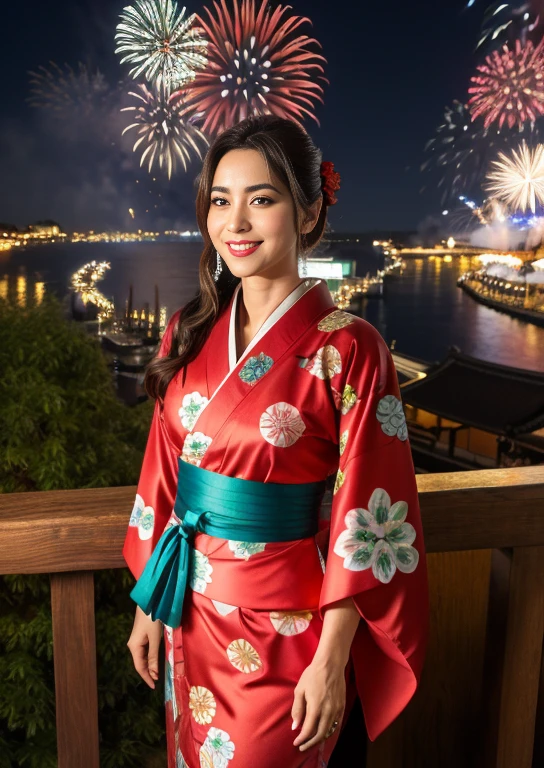 festive dress, enjoying an Italian festival. Vibrant surroundings, fireworks in the background, alta calidad,8K,calidad de imagen de alto nivel,una dama japonesa,1 personalidad,Una sonrisa,alto,muslos gruesos y regordetes,textura realista,cara enfocada,Muchimuchi,un rubio,(red kimono1.8),