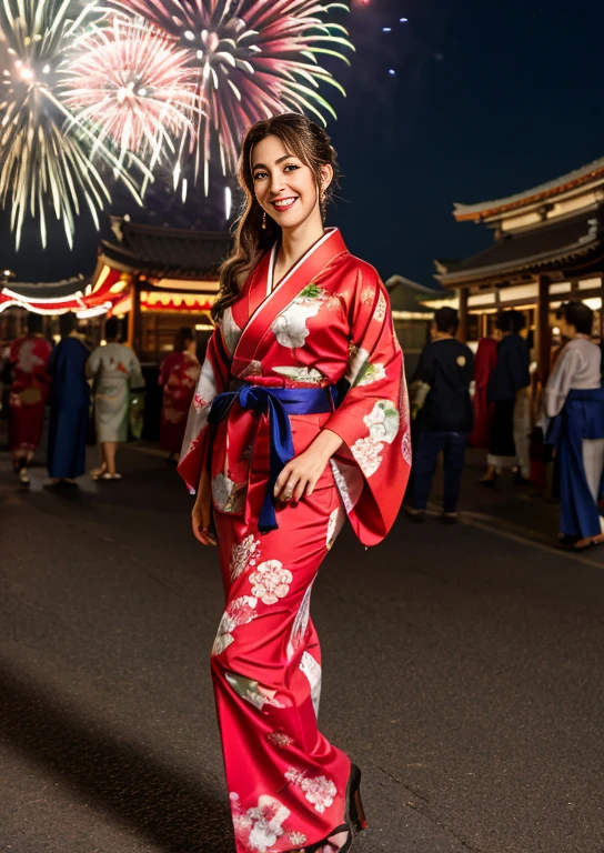 festive dress, enjoying an Italian festival. Vibrant surroundings, fireworks in the background, alta calidad,8K,calidad de imagen de alto nivel,una dama japonesa,1 personalidad,Una sonrisa,alto,muslos gruesos y regordetes,textura realista,cara enfocada,Muchimuchi,un rubio,(red kimono1.8),