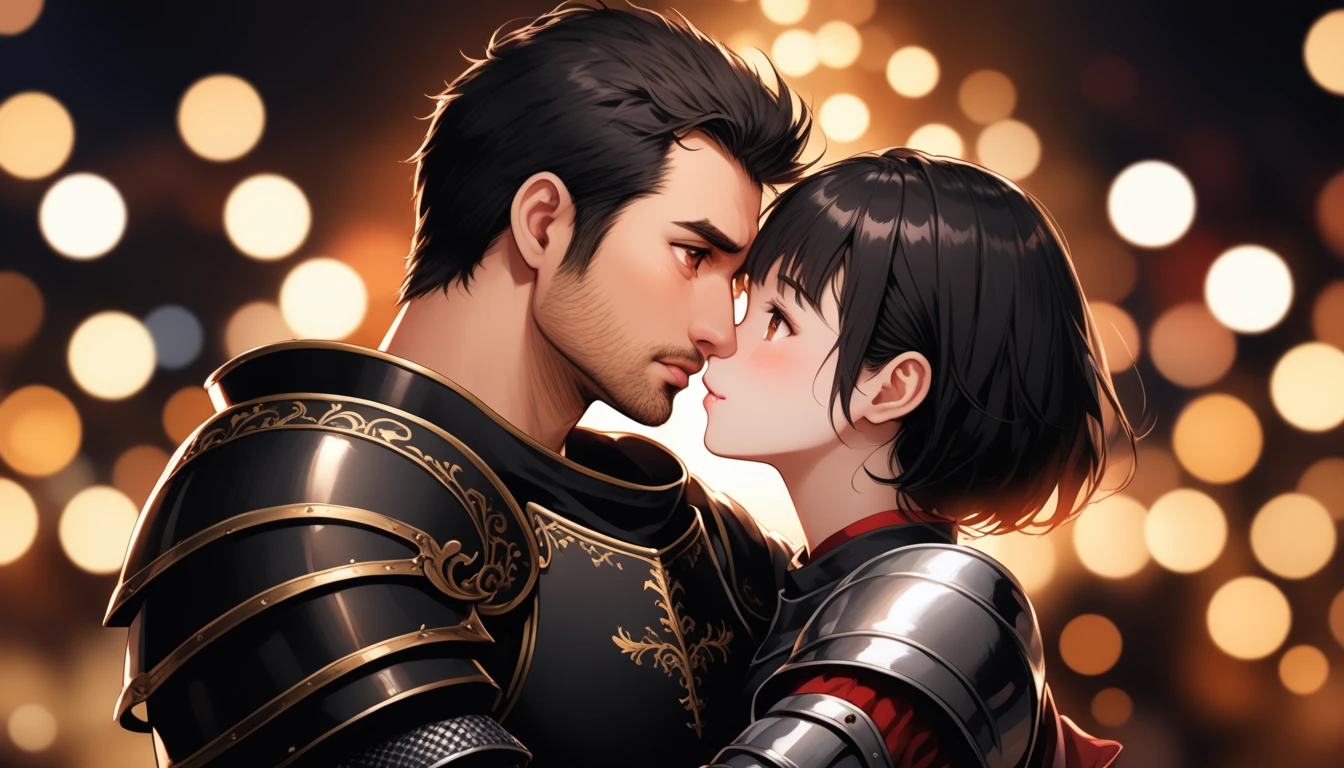 8K, RAW, best quality, masterpiece, ultra high res, colorful, portrait, (medium wide shot), (dynamic perspective), sharp focus , (depth of field, bokeh:1.3), extremely detailed eyes and face, beautiful detailed eyes,
couple, hugs, kissing,
(1man, Human, Knight, armor, muscular, stubble, short black hair, brown eyes:1.75), ||
(1girl, Japanese, Oni, horns, red skin, black top, long black hair, red eyes:1.75), 
near campfire, forest background, dark forest, night time
