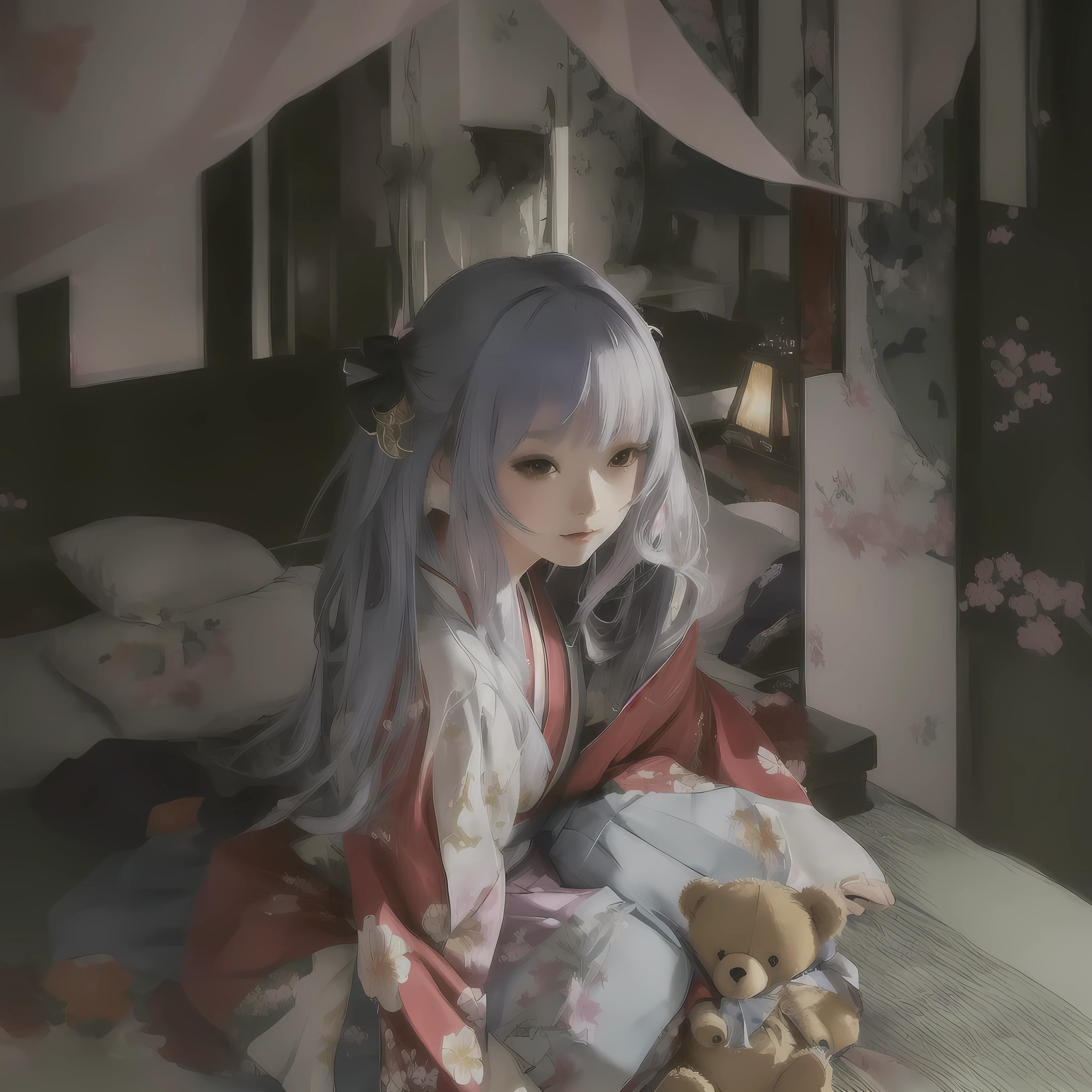 Anime girl in kimono sitting on bed with teddy bear, Gwaiz, Gwaiz on pixiv artstation, Gwaiz on artstation pixiv, by Shimo, artwork in the style of Gwaiz, palace , Girl in Han Dress, Zerochan Art, Painted in an anime artist's studio, Gwaiz masterpiece