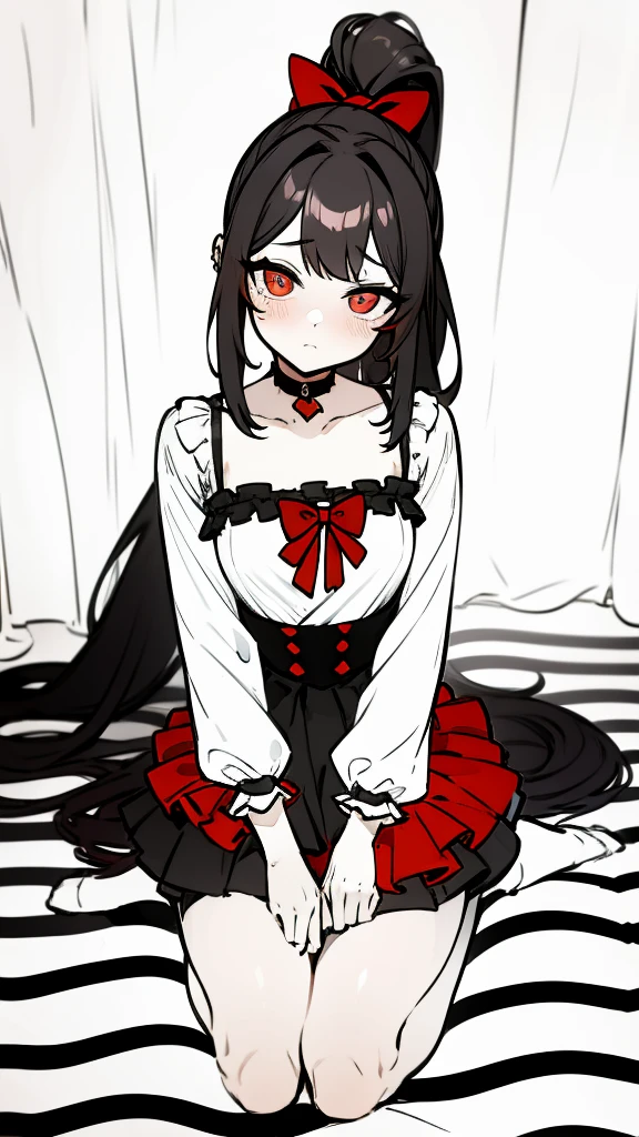 using pantimedies, wavy black hair, piercing look with deep red eyes, average stature, Silky hair with a ponytail hairstyle collected with a red bow with two white lines, with clothes, has a vagina, has breasts, cup of breasts, small breasts, slim, foreground, Session, sitting in her room, sitting on the floor of her room, wearing pantyhose, using pantimedies, Picardias, short skirt, shoes, blouse with straps, blush 