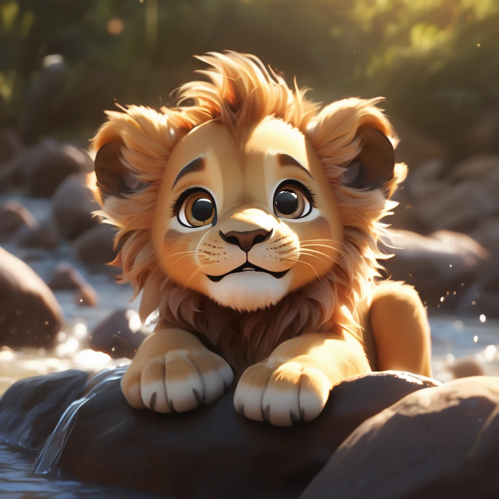 chibi pixar artistry, artistry, cute chibi lion, portrait of beautiful young chibi lion, beautiful detailed eyes, big luminous eyes, ssmile, smooth light, intrikate, skin detailed, soft shades, low-contrast, soft cinematic light, cold edge lighting, inside the river bathing with his brothers, Happily