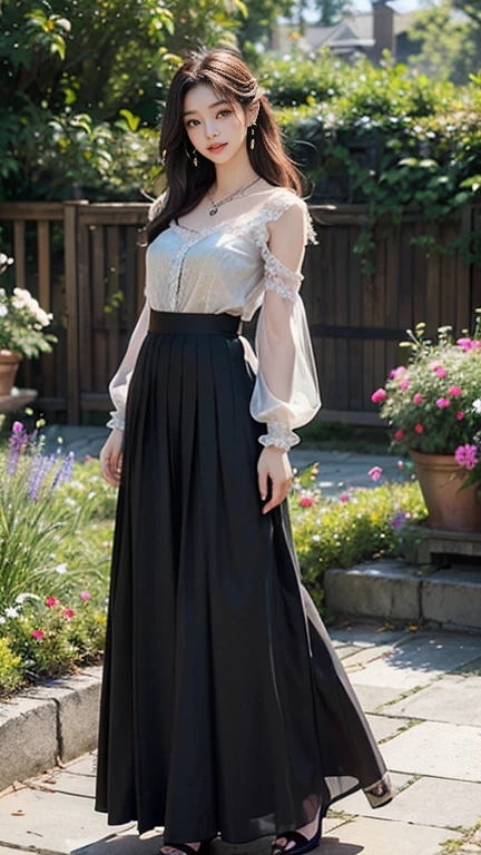 (Highest quality、 8k 、masterpiece、High resolution)、wallpaper、Young Woman、Ample breasts、Beautiful clavicle、Slender beauty、(Brown hair medium、My hair is blowing in the wind、Flows backwards)、whole body、 (Beautiful Face,Beautiful Eyes,Beautiful nose,Pretty lips)、(Flower Earrings、silver heart pendant necklace)、(Feminine Style、3/4 Sleeve Lace Blouse、Black see-through long skirt)、Her mouth opens slightly and a smile appears.、Dynamic pose、Outdoor、garden、Colorful flowers、looking at the camera、Professional Lighting、Professional photographer、