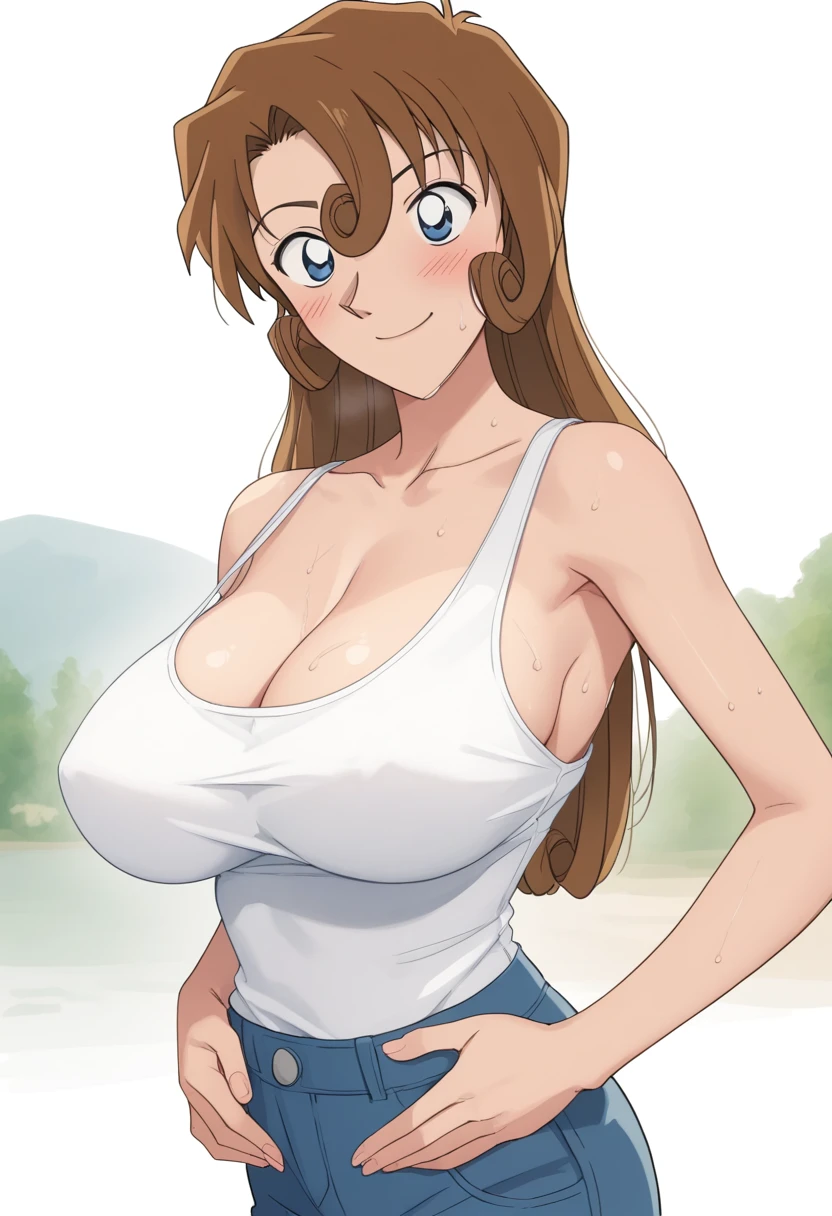 Cleavage、Huge breasts、Saggy breasts、Isolated chest、Big Breasts、blush、Sweat、In the heat、Kudo_yukiko,smile、Put your hands on your stomach
{Highest quality}, {so beautiful}, {Very detailed}, {Best illustrations},Life、slim:1.5、White Tank Top(tight)、Cleavage、Are standing