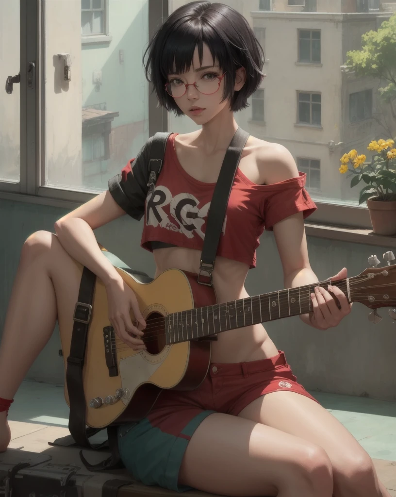 inoms, beautiful, artwork, best quality, 1 girl, colored glasses, has, red clothes, Alone, Shorts, pajamas, crop top, from behind, playing a guitar, sitting on the window, looking outside