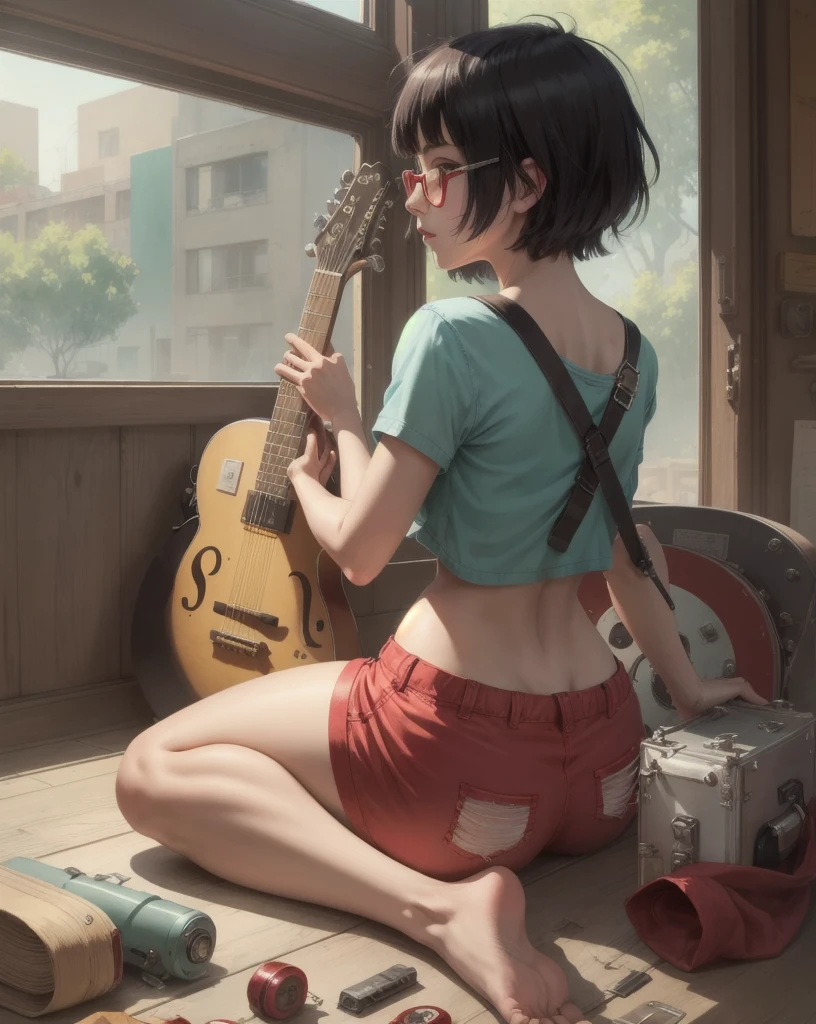 inoms, beautiful, artwork, best quality, 1 girl, colored glasses, has, red clothes, Alone, Shorts, pajamas, crop top, from behind, playing a guitar, sitting on the window, looking outside