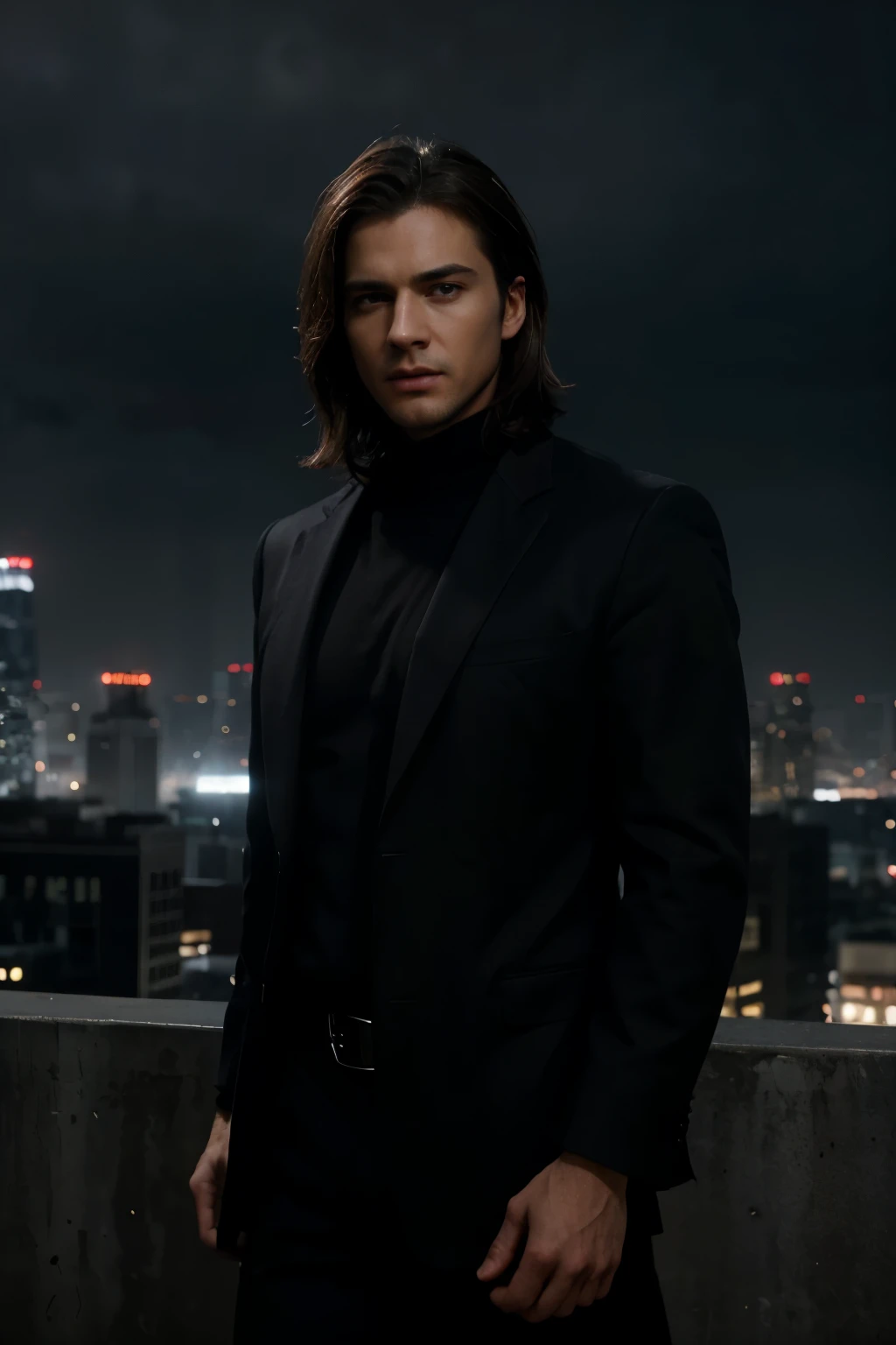 1 man, Emmanuel, detailed face, beautiful blue eyes, sharp nose, full lips, long eyelashes, serious expression, medium length brown hair, wearing a black suit, standing in a dramatic cityscape with skyscrapers, dramatic lighting, cinematic atmosphere, (best quality, 4k, 8k, highres, masterpiece:1.2), ultra-detailed, (realistic, photorealistic, photo-realistic:1.37), cinematic, dramatic lighting, moody atmosphere