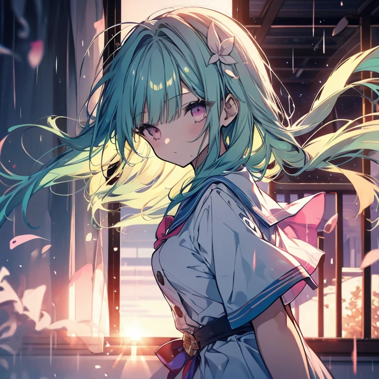 1 girl、Mature、Ample breasts、Long Hair、Mint green hair、Pink Eyes、Sailor suit、白と紺のSailor suit、Short sleeve、Bust-up perspective、The curtains flutter、Hair blowing in the wind、Look to the side、Fleeting、Gentle Sunset、rain、classroom、Window、High resolution、Highest quality、