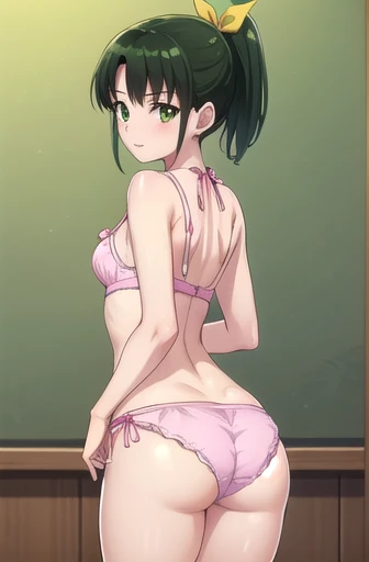 naomidorikawa, Nao Midorikawa, short hair, (Green Eyes:1.3), ponytail, Green Hair, ribbon, hair ribbon, smile, Thighs、Bed、blush、Shame face、(((Cute pink bra:1.3、Cute pink panties)))、break indoors,classroom、(((Backwards、look back)))、slouch、Sticking out your ass、
break looking at viewer, Sexy pose、
break (masterpiece:1.2), Highest quality, High resolution, unity 8k wallpaper, (figure:0.8), (Beautiful attention to detail:1.6), Highly detailed face, Perfect lighting, Highly detailed CG, (Perfect hands, Perfect Anatomy),