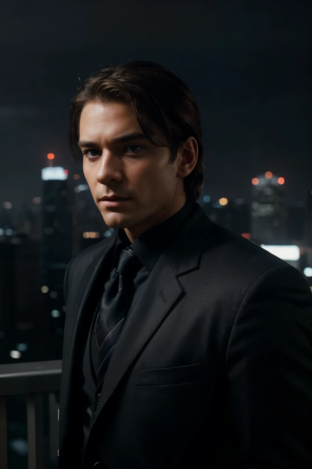 1 man, Emmanuel, detailed face, beautiful blue eyes, sharp nose, full lips, long eyelashes, serious expression, medium length brown hair, wearing a black suit, standing in a dramatic cityscape with skyscrapers, dramatic lighting, cinematic atmosphere, (best quality, 4k, 8k, highres, masterpiece:1.2), ultra-detailed, (realistic, photorealistic, photo-realistic:1.37), cinematic, dramatic lighting, moody atmosphere