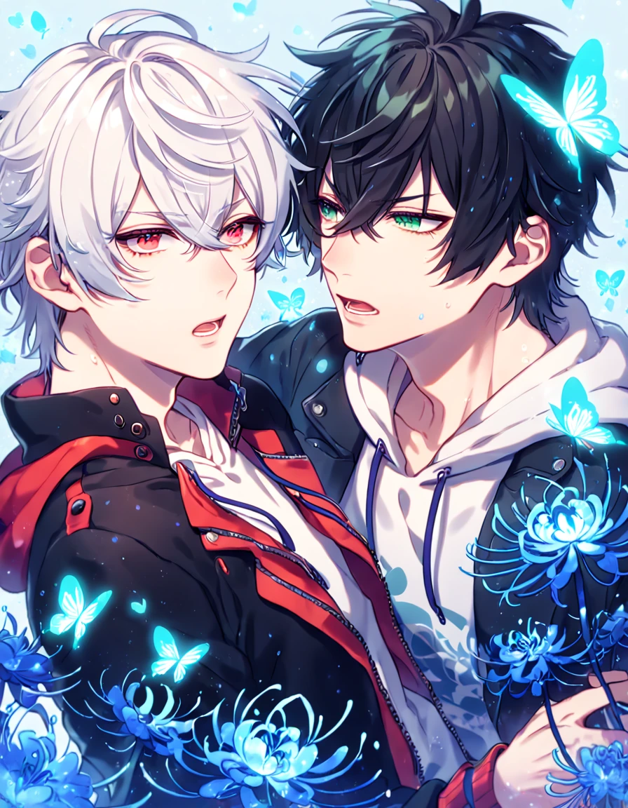 absurd resolution, high resolution, ultra detailed, detailed eyes, extremely detailed, HDR, 8K, Yamada Ichiro, chin length black hair, expressive green eyes, Hypnosis Mic, Sakamaki Subaru, white hair, expressive red eyes, long eyelashes, black coat, varsity red jacket, white hoodie, two sexy men together, yaoi, gay couple, handsome, fantasy, cool, magical, blue glittering butterflies, blue dust flying around, blue spider lilies, blue petals, blue lanterns, icy, cold, blue blossoms, blue sky