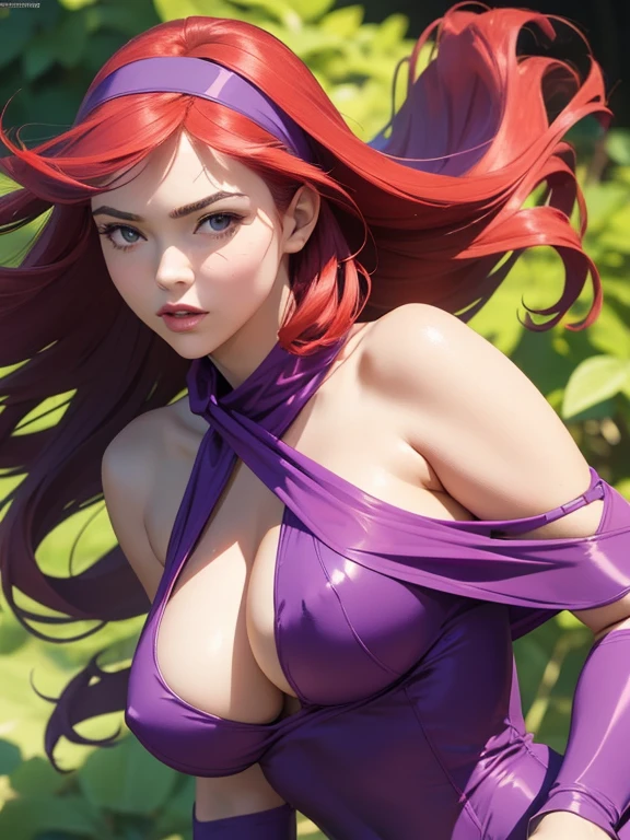 ((masterpiece, Best Quality, ultra detailed, ultra HD, photorealistic, cinematographic)), (close-up camera shot:1.2), (sensual pose), (Seductive and voluptuous woman as Daphne Blake), perfect anatomy, perfect face, big breasts, proportionate hands, (shoulder length red hair:1.3), (purple cap, dress, pantimedias rosa, and purple shoes), (She wears a purple plastic headband and a green scarf), ((dynamic background))