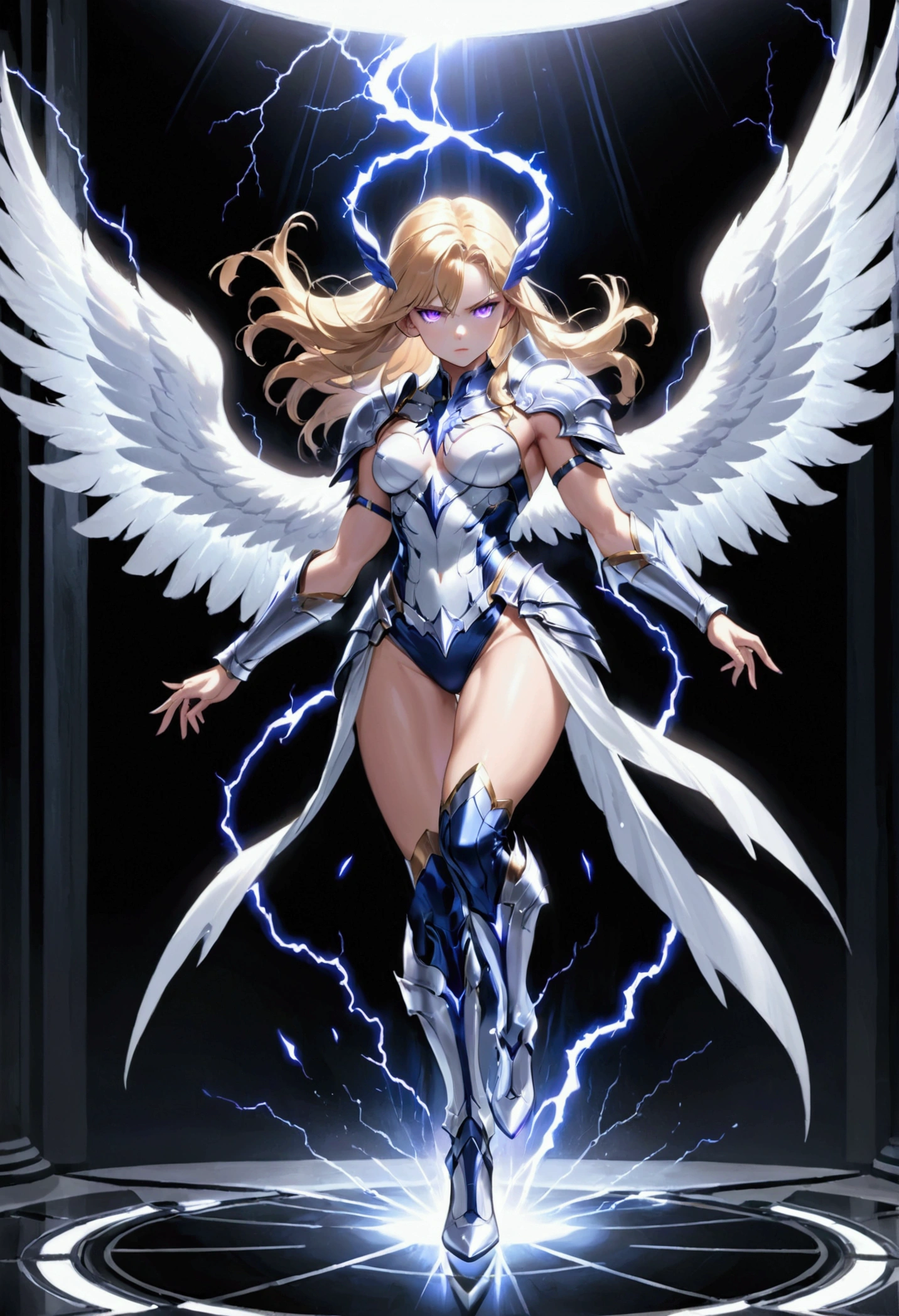 heroic_blue_female_Valkyrie (muscular size 2.2) (purple eye pupils 1.1) blue_lightning_flowing_through_her_hands(wears platinum armor) (white high heel boots) ((dynamic elegant beautiful)) angel_wings