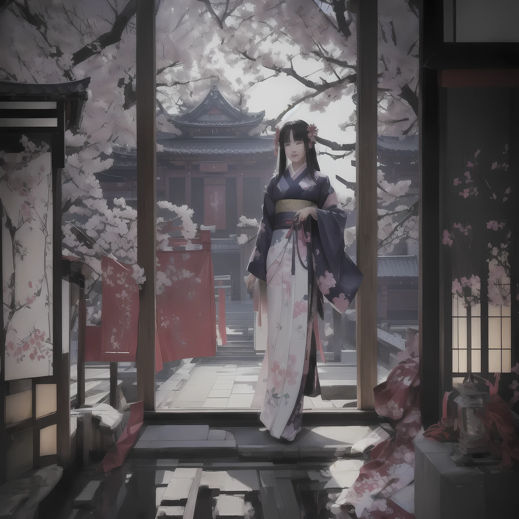 Anime-style scene with a woman in a kimono standing in a doorway, artwork in the style of Gwaiz, Gwaiz on pixiv artstation, Gwaiz on artstation pixiv, Gwaiz, Cyberpunk Japanese Temple, Jan J, Gwaiz masterpiece, Inspired by Chung Fenghua, palace ， Girl in Han Dress