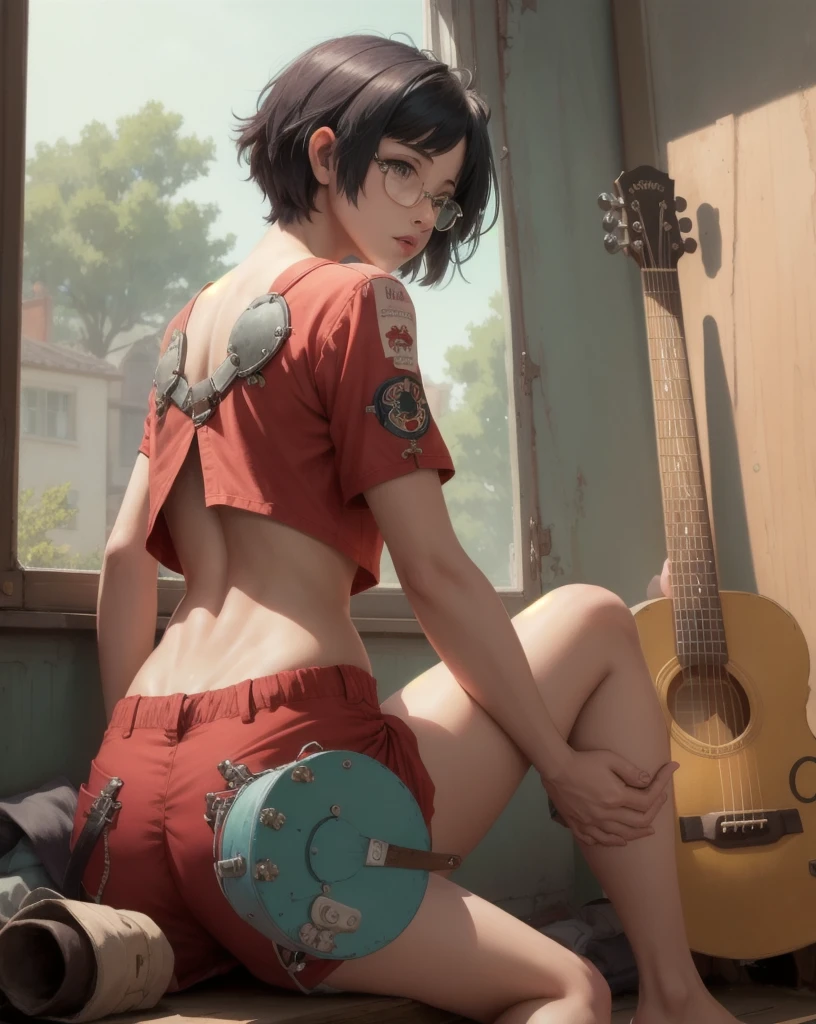 inoms, beautiful, artwork, best quality, 1 girl, colored glasses, has, red clothes, Alone, Shorts, pajamas, crop top, from behind, playing a guitar, sitting on the window, looking outside