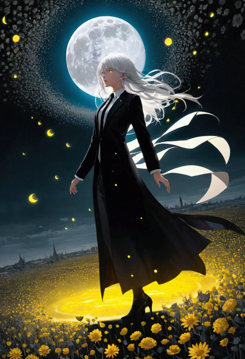 (masterpiece),(best quality), (fantasy:1.4), Surrealism, shadow, Relief, Stereogram, Atmospheric perspective, 8K, Super Detail,A moon, Flowers , Paper_cut,1 Girl, Solitary, (White hair, Messy hair, Long hair), Yellow eyes, (White shirt, Black tie, Black coat, Open coat), (((Glowing light particles))), (Put your hands behind your back), Dynamic Angle,
