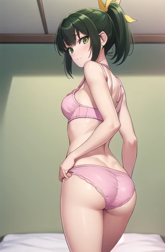 naomidorikawa, Nao Midorikawa, short hair, (Green Eyes:1.3), ponytail, Green Hair, ribbon, hair ribbon, smile, Thighs、Bed、blush、Shame face、(((Cute pink bra:1.3、Cute pink panties)))、break indoors,classroom、(((Backwards、look back)))、On all fours, sticking out her butt、
break looking at viewer, Sexy pose、
break (masterpiece:1.2), Highest quality, High resolution, unity 8k wallpaper, (figure:0.8), (Beautiful attention to detail:1.6), Highly detailed face, Perfect lighting, Highly detailed CG, (Perfect hands, Perfect Anatomy),