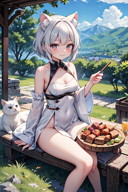 flat chests, nsfw, masterpiece, 1 girl, erect nipples, intricately detailed, topless, navel, bare shoulders, necklace, erect nipples, puffy nipples, white hair, wolf headgear, animal fur skirt, leather belt, fur skirt, mountainous horizon, mountains, forest, night sky, full moon, facial paint, open mouth, bonfire, extremely detailed, photorealistic, octane render, 8 k, unreal engine, bare breasts, nipples, red eyes, clawed wolf gloves, bare stomach, sweaty, people on background, moist breath, small breasts, flat chests, child, arm strap, pixie cut hair, druid, celtic, long nails, smiling, leaning forward, fangs, plate, steak