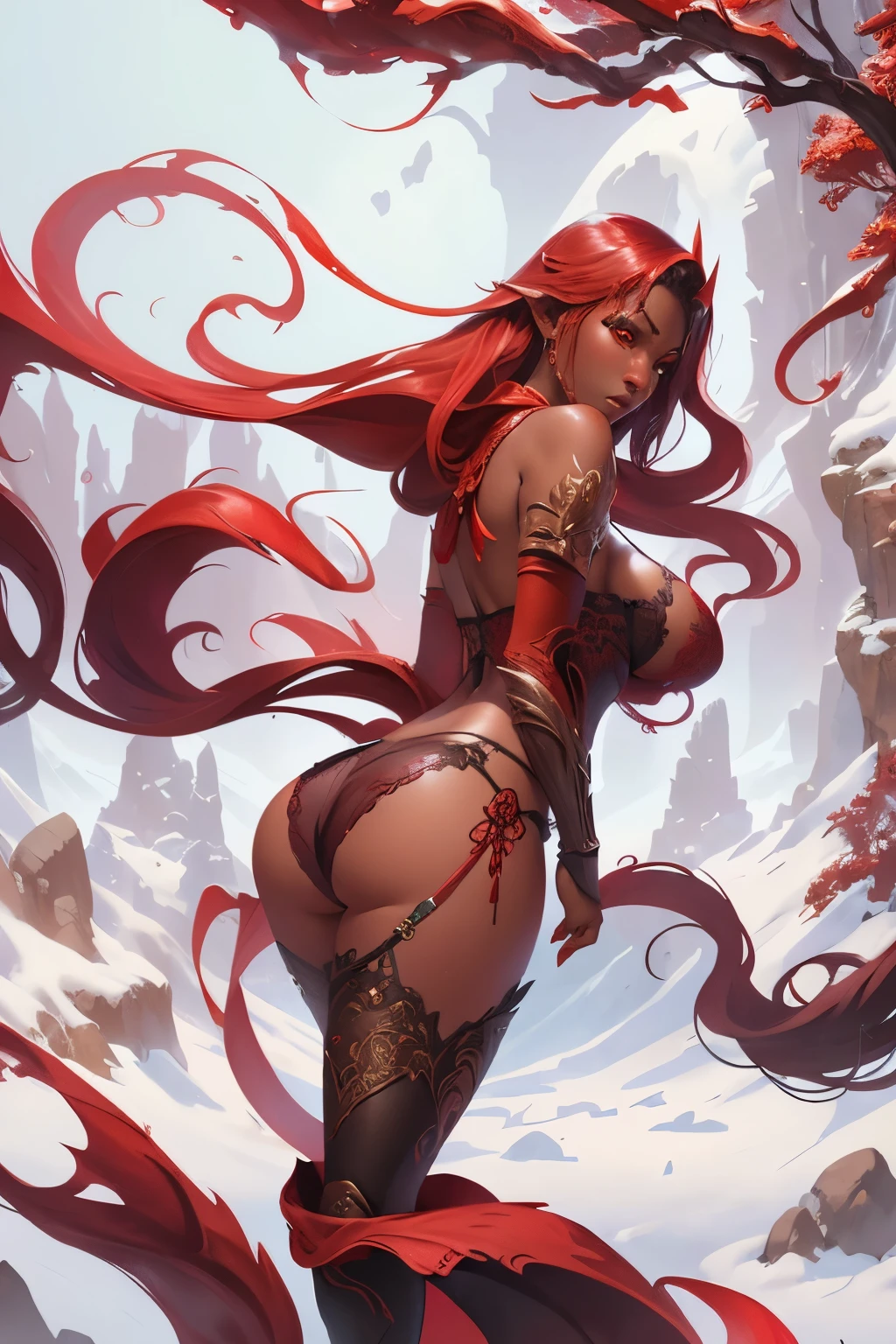 girl with small breasts, with exotic red clothing, dark ebony skin, round and big butt, Epic Fantasy Art Style HD, 4K fantasy art, epic fantasy digital art style, epic fantasy art style, Fantasy Woman, epic fantasy art portrait, Epic fantasy style, hyperrealistic fantasy art, hd fantasy art, Epic fantasy character art, epic fantasy art, in style of dark fantasy art, epic fantasy digital art, (iluminación cinematográfica :1.4), (estilo encaje lingerie red:1.4)