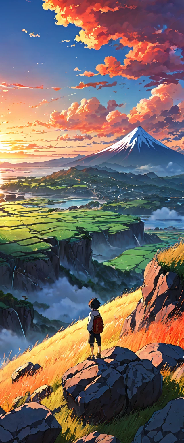 anime landscape of a boy on a hill of rocks with grasses, sunset with orange and red infernal clouds, anime nature wallpapers, beautiful anime scene, beautiful anime peace scene, Makoto Shinkai Cyril Rolando, beautiful scene of anime, amazing wallpaper, anime art wallpaper 8k, anime background, artistic anime background, 4k anime wallpaper, anime art wallpaper 4k, anime art wallpaper 4k,