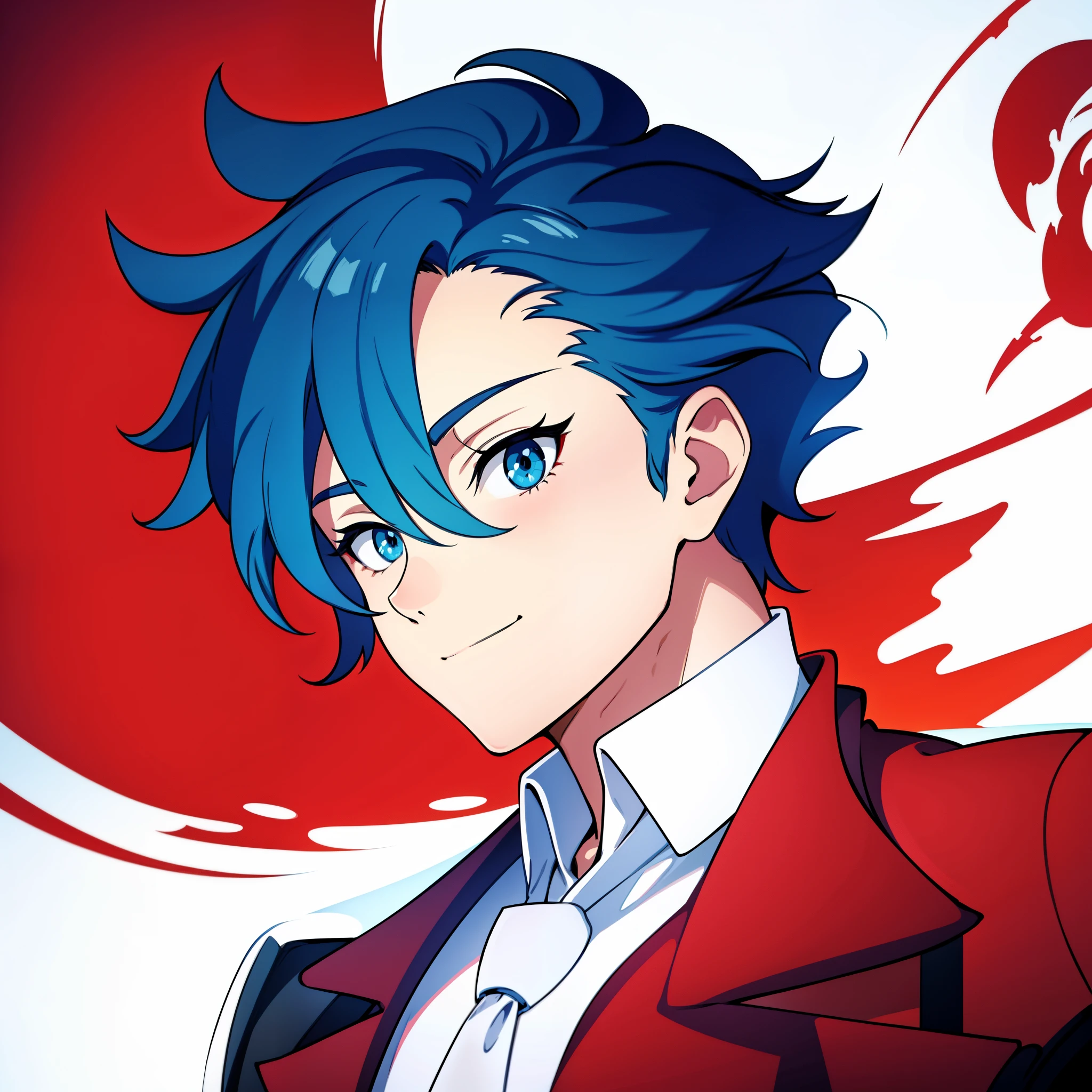 anime boy, smiling, happy, dark blue hair, blue eyes, red clothes, wide eyes, white shirt (beautiful and aesthetic:1. 5), thick black lineart, clean lineart, perfect lineart, sharp lineart, best quality, high quality, best quality, ultra-detailed, saturated colours, HD,