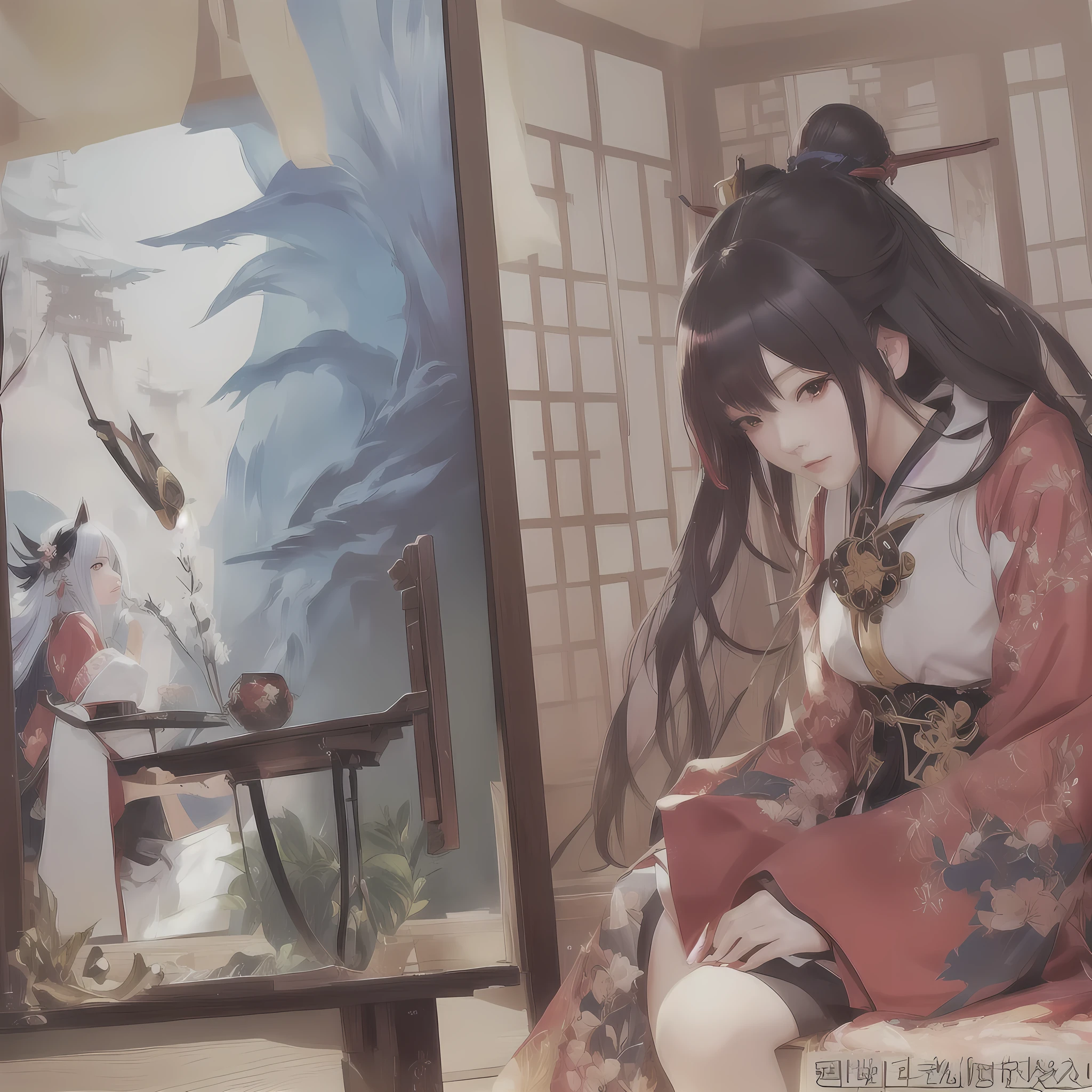 Anime girl sitting on the bed in front of the mirror, guweiz on pixiv artstation, The Detailed Art of the Onmyoji, Guweiz on ArtStation Pixiv, Gweiz-style artwork, Beautiful anime artwork, pixiv Contest Winner, onmyoji, Onmyoji portrait, artstation pixivでトレンド, Beautiful anime art