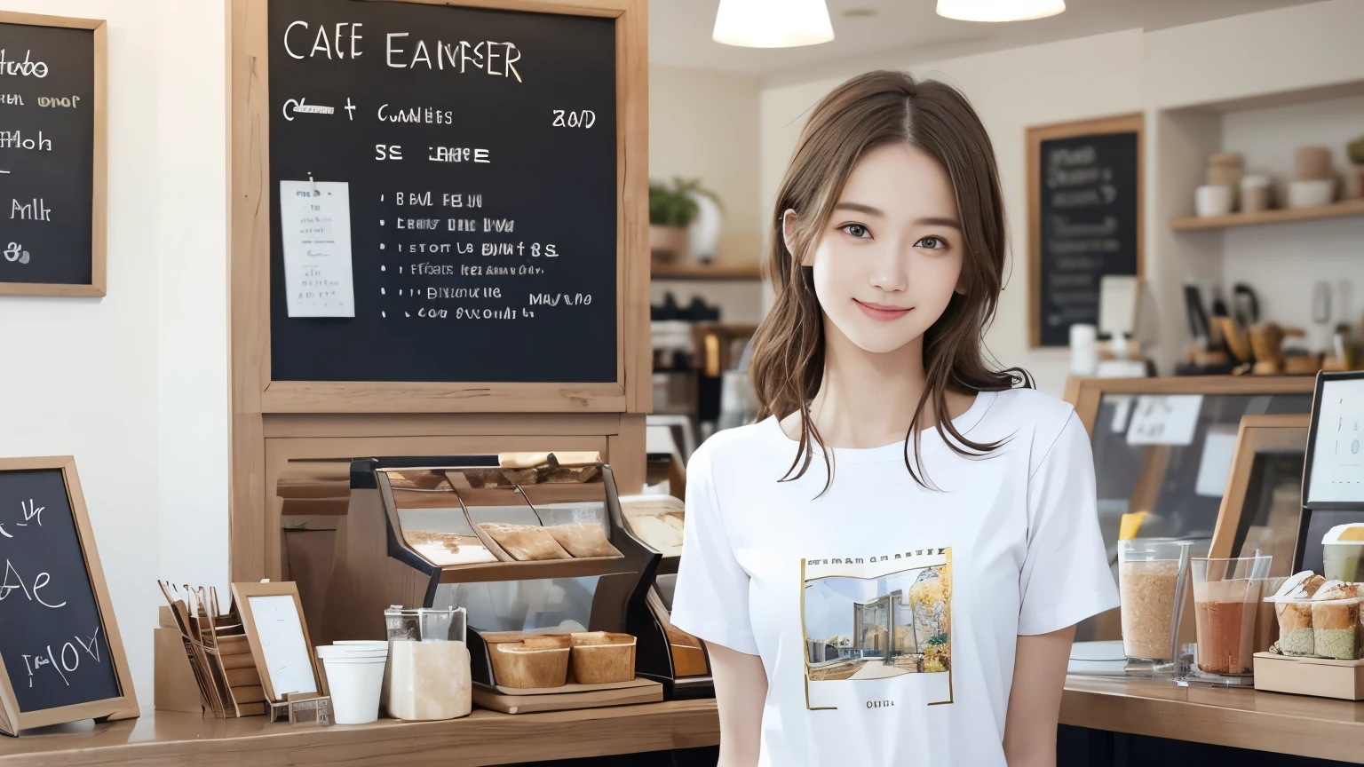 super high quality, Fashion Model, smile, Slenderのネックレス, Slender, The staff is working at the counter in the back., (8k、RAW Photos、Highest quality、masterpiece:1.2), (Realistic、Photorealistic:1.37), Beautiful Face , Urban Cafe, Golden Ratio, Raw photo, Light Brown Hair, Small breasts, Bright cafe interior, Blurred Background, Summer clothes, Cafe Terrace, Open Cafe, Photographed inside the cafe, Hair blowing in the wind, Neat clothes, T-Shirts, 18-year-old, Cool older sister, beautiful girl,