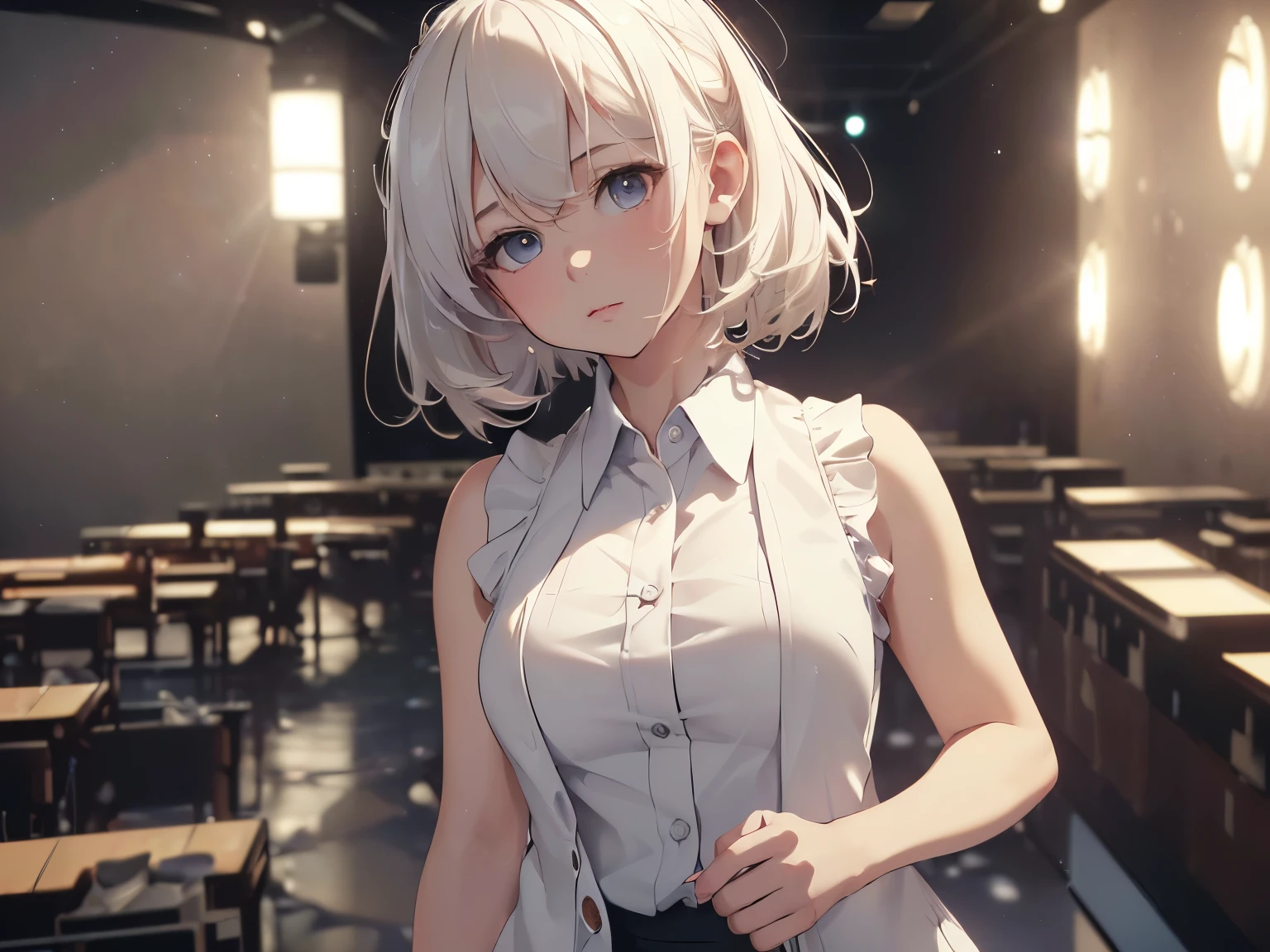 Highest quality, Ultra-high resolution, One Girl, sleeveless white button-up shirt, Black Skirt, cute,(Platinum Blonde Hair:1), ((Puffy eyes)), Show Viewer(Depth of Field HDR 8K 4K Wallpaper Cinematic Angle, Cinema Lighting,:1.5) (masterpiece, Highest quality:2.0),City Pop,Inside the cafe