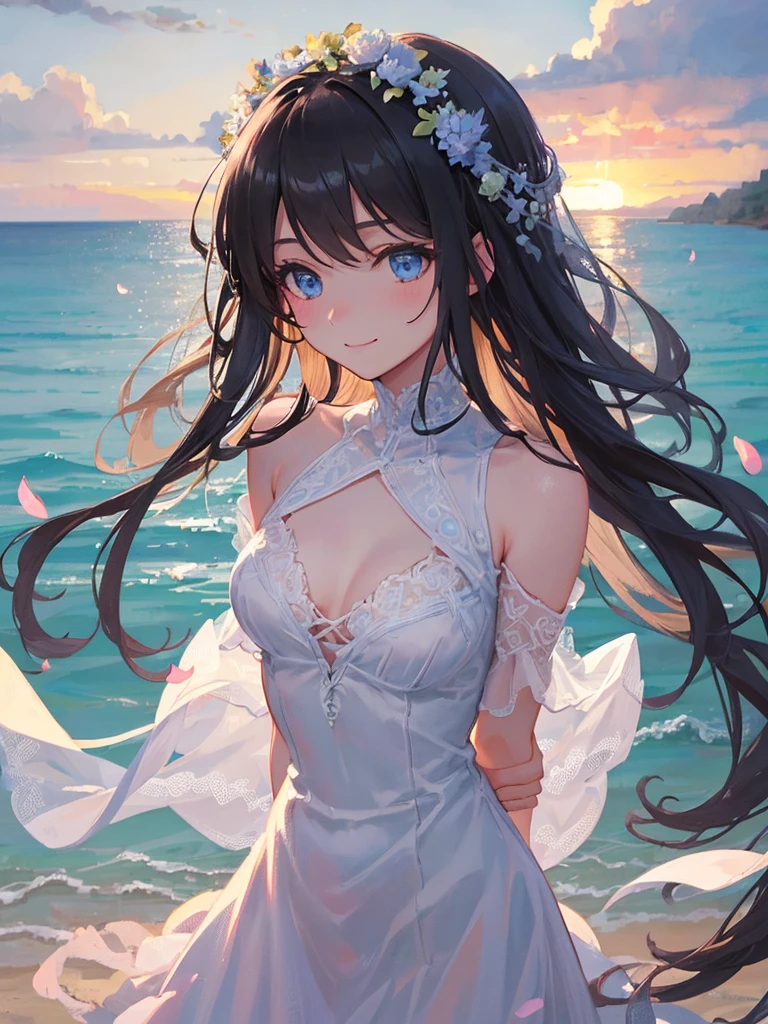 art by Cornflower,(masterpiece:1.2),(4k),high quality,(1 girl),(solo),(small breasts),((arms behind back)),black long hair,beautiful detailed blue eyes,shy smile,In the fantastic beauty of the sun light, elegant gothic princess,white short gothic dress,white gothic witch clothing,Bokeh, A gentle light spreads over the tranquil surroundings, Delicate petals blend into intricate patterns,((in front of a beach)),blue sky with clouds in it,Add a dramatic and symbolic element to your scene,dreamy romantic,fantastic and dreamy theme,film lighting