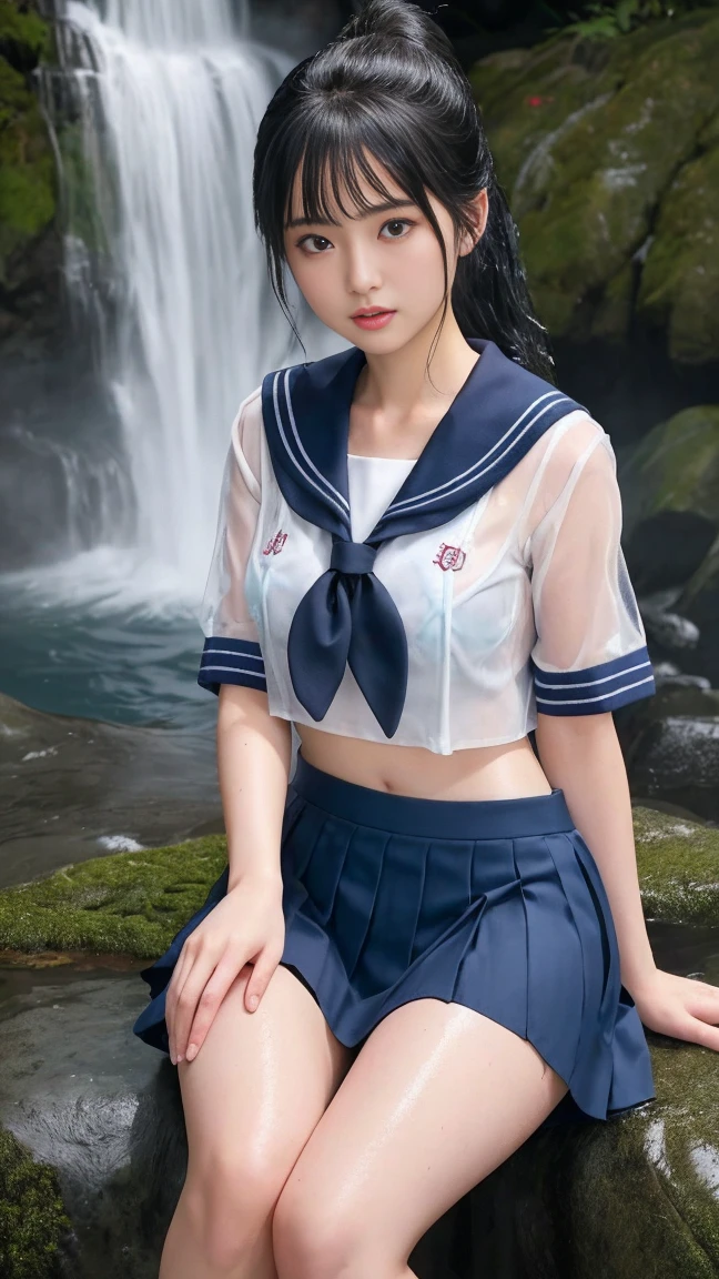最high quality、high quality、best image quality、8k、最High resolution、High resolution、最high quality、masterpiece、RAW photo、whole body photos、Realistic human body in every detail、Realistic skin in every detail、Realistic face in every detail、Realistic eyes down to the details、Realistic lips in every detail、Realistic teeth in every detail、Realistic ears down to the last detail、Realistic hair down to the last detail、Realistic arms down to the last detail、Realistic reproduction of every detail、Realistic fingers in every detail、(fine hands、thumb１reference４)、Realistic feet in every detail、Realistic feet in every detail、Realistic breasts down to the last detail、((beautiful japanese girl))、(japanese model), (japanese woman)、((18 year old beautiful girl))、(black hair)、(straight hair)、(ponytail)、((whole body))、((beautiful upturned chest))、(stylish slim style)、(whole body glossy skin、Fair skin)、Detailed and realistic human body、detailed realistic skin、detailed realistic face、detailed realistic arms、detailed realistic fingers、Detailed realistic feet、detailed realistic breasts、sailor suit(Summer use)、sailor suit(Winter use)、sailor skirt、japanese 、soft natural light、jungle with waterfall、waterfalls of different heights、Big waterfall、waterfall with force of water、((Sit on a rock in front of the waterfall(バックにBig waterfallが見える))、((It gets wet and see-through(Crop top sailor suit、Sailor Mini Skirt))、((bathe in waterfall water(Soaked skin from head to toe))、((Water dripping from the skin))、((sailor suitが濡れて肌に張り付く))、((The shape of her nipples is clearly visible even through her sailor suit.))、((sailor suit、sailor skirtから滴る水))、angle from below