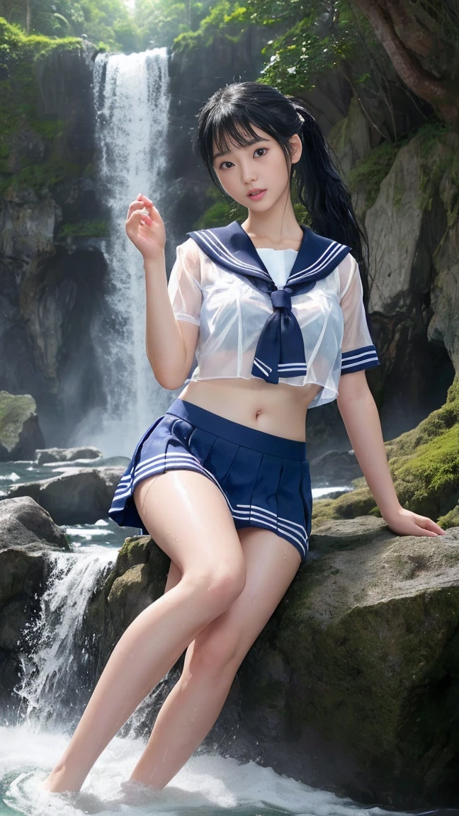 最high quality、high quality、best image quality、8k、最High resolution、High resolution、最high quality、masterpiece、RAW photo、whole body photos、Realistic human body in every detail、Realistic skin in every detail、Realistic face in every detail、Realistic eyes down to the details、Realistic lips in every detail、Realistic teeth in every detail、Realistic ears down to the last detail、Realistic hair down to the last detail、Realistic arms down to the last detail、Realistic reproduction of every detail、Realistic fingers in every detail、(fine hands、thumb1reference4)、Realistic feet in every detail、Realistic feet in every detail、Realistic breasts down to the last detail、((beautiful japanese girl))、(japanese model), (japanese woman)、((18 year old beautiful girl))、(black hair)、(straight hair)、(ponytail)、((whole body))、((beautiful upturned chest))、(stylish slim style)、(whole body glossy skin、Fair skin)、Detailed and realistic human body、detailed realistic skin、detailed realistic face、detailed realistic arms、detailed realistic fingers、Detailed realistic feet、detailed realistic breasts、sailor suit(Summer use)、sailor suit(Winter use)、sailor skirt、japanese 、soft natural light、jungle with waterfall、waterfalls of different heights、Big waterfall、waterfall with force of water、((Sit on a rock in front of the waterfall(バックにBig waterfallが見える))、((It gets wet and see-through(Crop top sailor suit、Sailor Mini Skirt))、((bathe in waterfall water(Soaked skin from head to toe))、((Water dripping from the skin))、((sailor suitが濡れて肌に張り付く))、((The shape of her nipples is clearly visible even through her sailor suit.))、((sailor suit、sailor skirtから滴る水))、angle from below