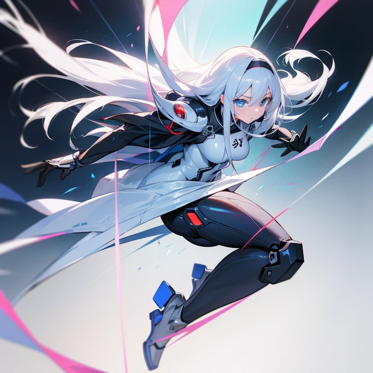 Anime girl with long white hair and blue eyes wearing a black and white outfit., concept art by Okada Beisanjin, pixiv, neoism, Best Anime 4K Konachan Wallpaper, cyborg - girl with silver hair, android heroine, cyber suits, zero two, with elegant silver armor, White haired deity, Beautiful white cyborg girl