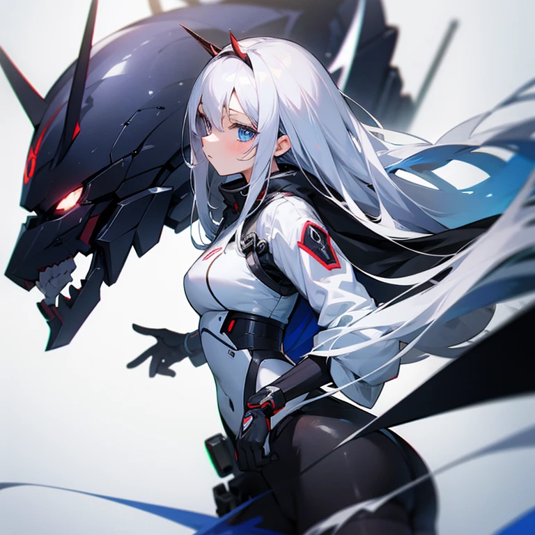 Anime girl with long white hair and blue eyes wearing a black and white outfit., concept art by Okada Beisanjin, pixiv, neoism, Best Anime 4K Konachan Wallpaper, cyborg - girl with silver hair, android heroine, cyber suits, zero two, with elegant silver armor, White haired deity, Beautiful white cyborg girl