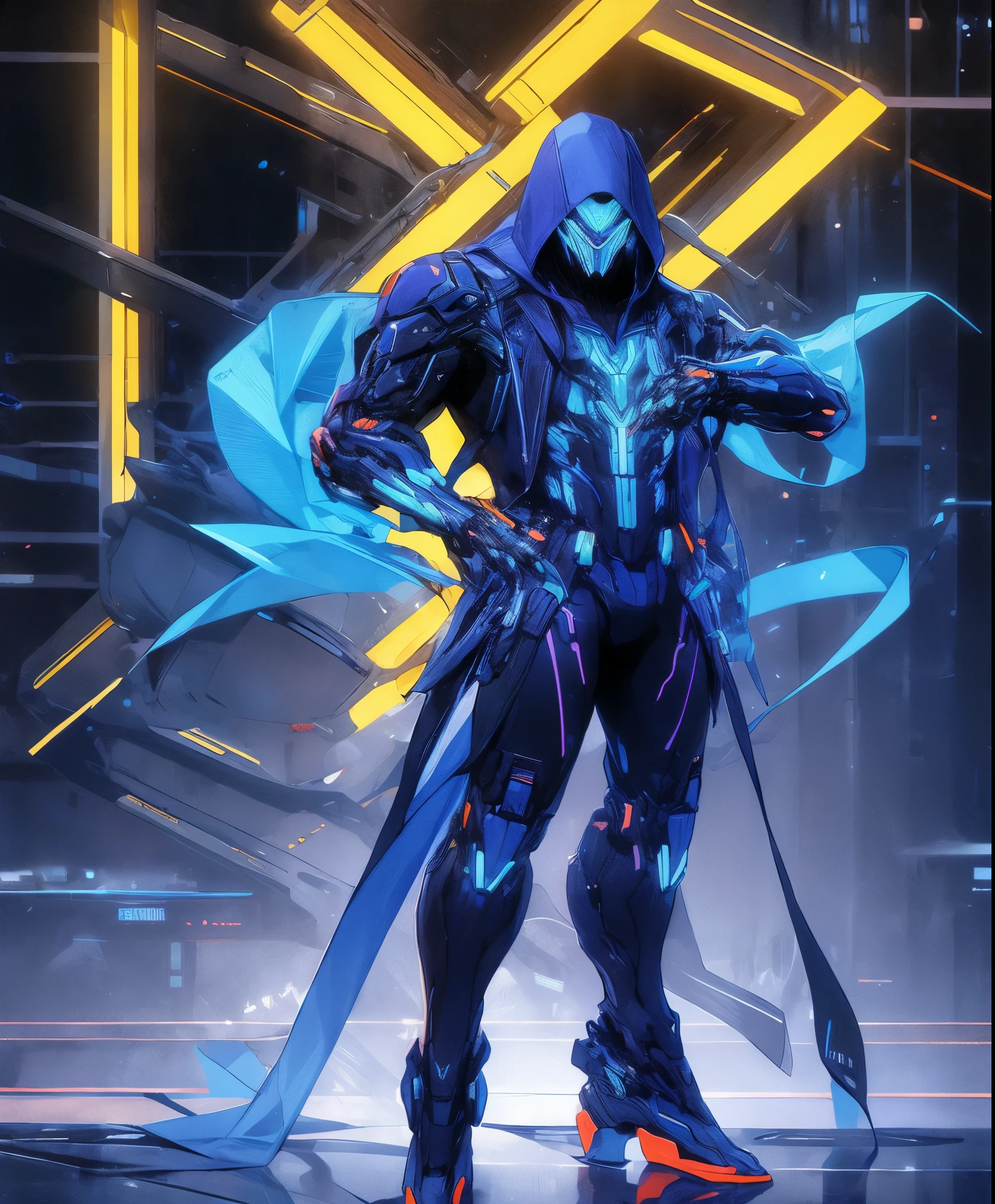 a man in a neon blue jacket and black pants standing in a dark room, full body suit, wearing cultist neon blue robe, neon attire, character from mortal kombat, as a character in tekken, fighting game character, cyberpunk assassin, neon blue hooded mage, cyberpunk outfits, crimson clothes, the neon blue ninja, wearing leather assassin armor, an edgy teen assassin, cool neon blue jacket, cyberpunk street goon