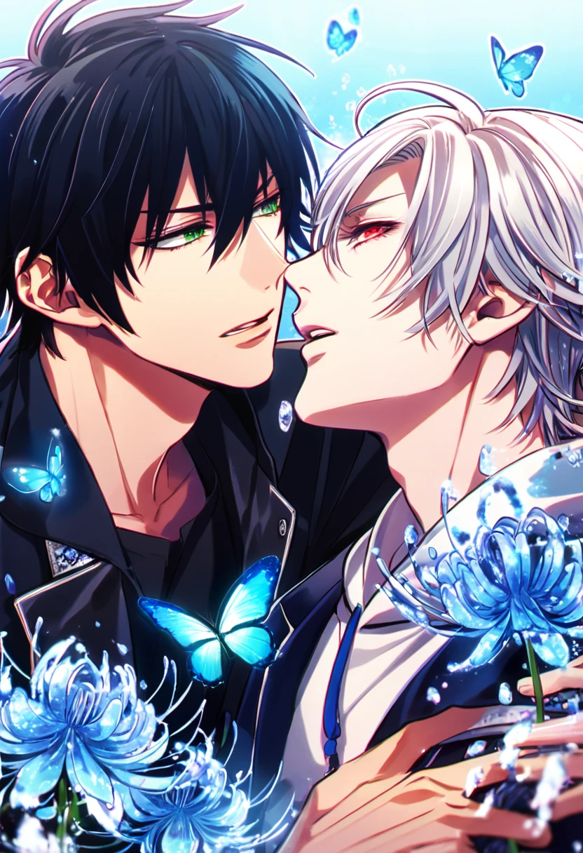 absurd resolution, high resolution, ultra detailed, detailed eyes, extremely detailed, HDR, 8K, Yamada Ichiro, chin length black hair, expressive green eyes, Hypnosis Mic, Sakamaki Subaru, white hair, expressive red eyes, long eyelashes, black coat, varsity red jacket, white hoodie, two sexy men together, yaoi, gay couple, handsome, fantasy, cool, magical, blue glittering butterflies, blue dust flying around, blue spider lilies, blue petals, blue lanterns, icy, cold, blue blossoms, blue sky