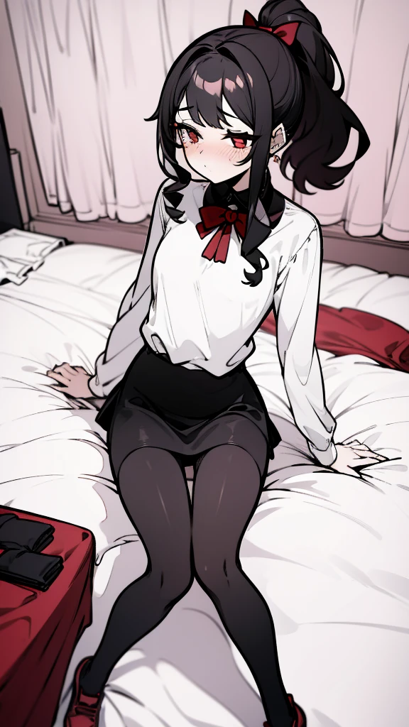 using pantimedies, wavy black hair, piercing look with deep red eyes, average stature, Silky hair with a ponytail hairstyle collected with a red bow with two white lines, with clothes, has a vagina, has breasts, cup of breasts, small breasts, slim, foreground, Session, sitting in her room, sitting on the floor of her room, wearing pantyhose, using pantimedies, Picardias, short skirt, shoes, blouse with straps, blush 