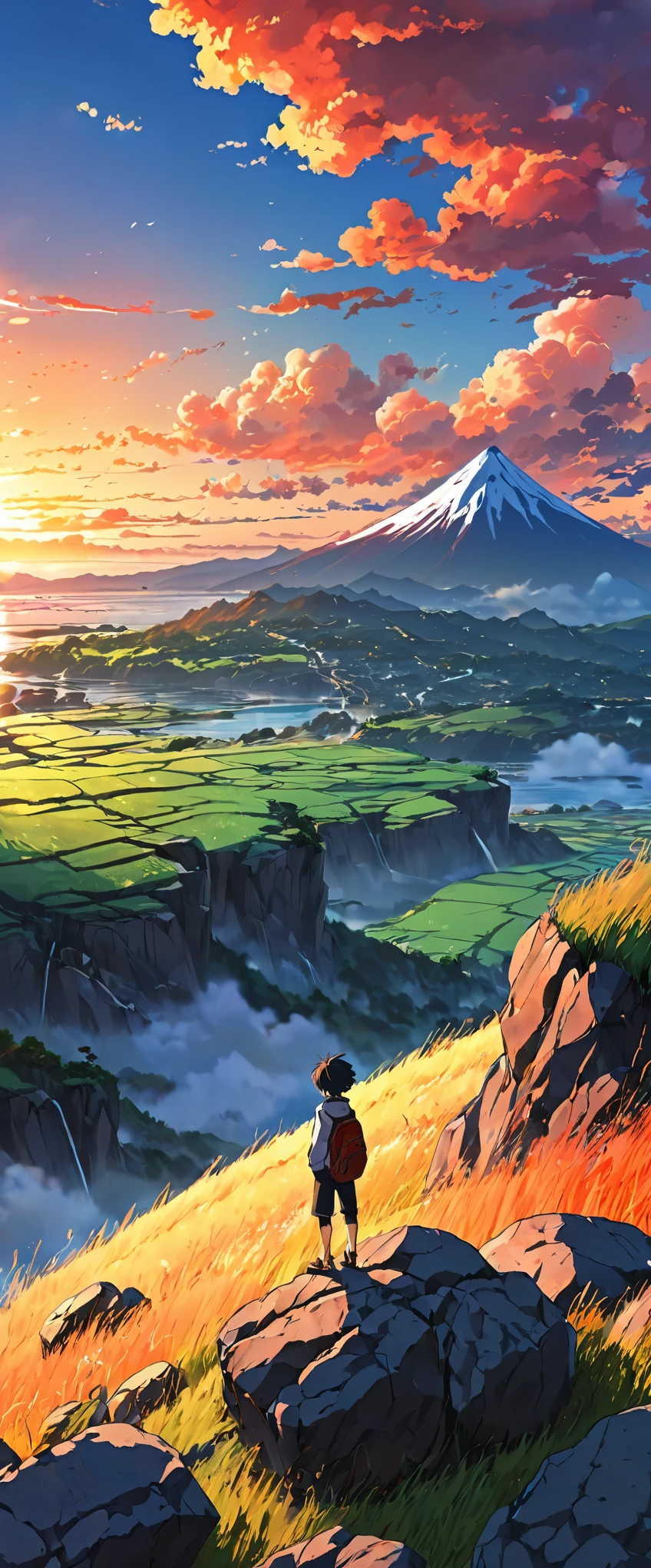 anime landscape of a boy on a hill of rocks with grasses, sunset with orange and red infernal clouds, anime nature wallpapers, beautiful anime scene, beautiful anime peace scene, Makoto Shinkai Cyril Rolando, beautiful scene of anime, amazing wallpaper, anime art wallpaper 8k, anime background, artistic anime background, 4k anime wallpaper, anime art wallpaper 4k, anime art wallpaper 4k,