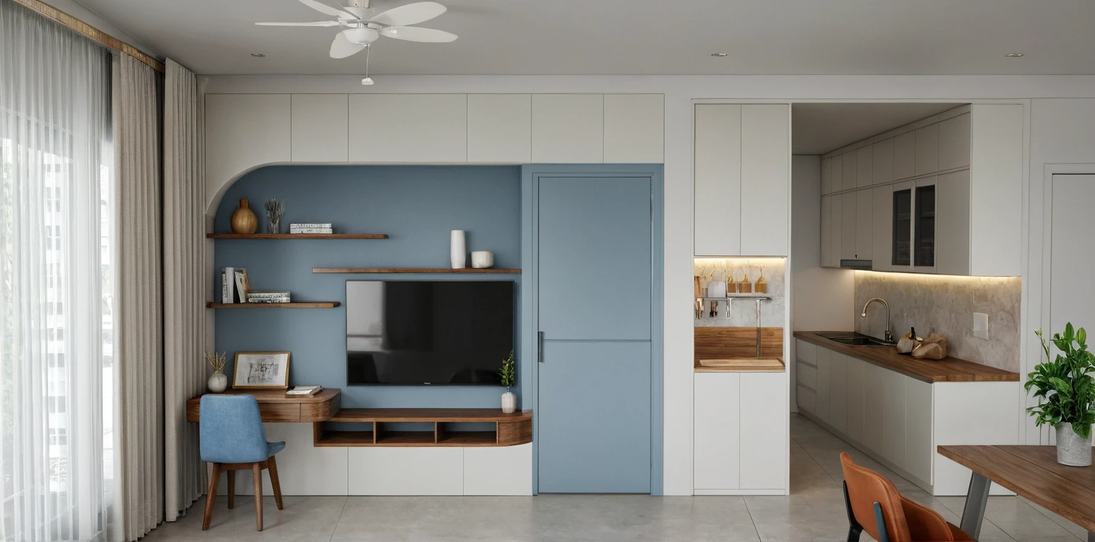 (RAW photo, masterpiece, best quality,ultra-detailed, extremely delicate and beautiful, highresolution, best shadow:1.1), modern livingroom and kitchen, tv cabinet, reflective floor, (white and blue wall), grey wall accent, wine racks, wooden ceiling fan, white ceiling, plant and flower, interior lighting,
realistic lighting