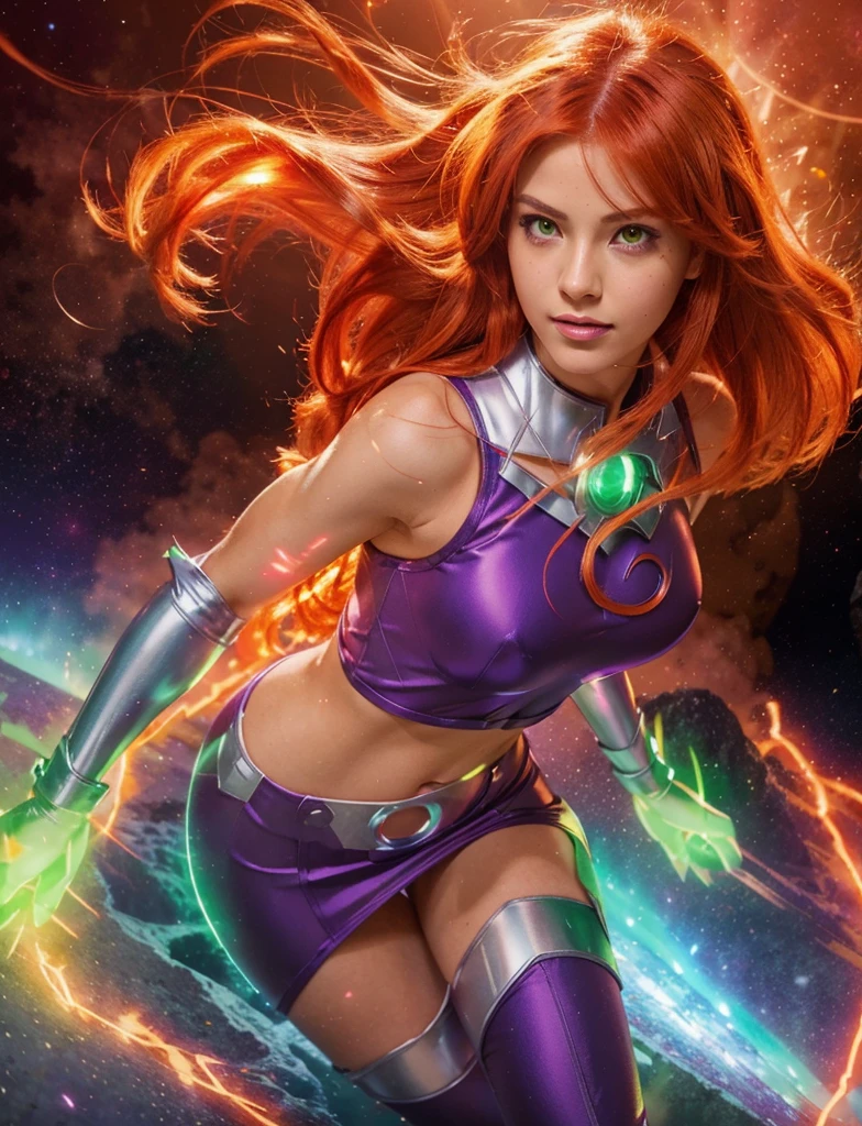(manga style, Cell shading ) Create a image of Starfire of Teen Titans, Female, Firey red orange hair, glowing emerald eyes, tan skin, floating, purple superhero suit, smirk, hands having glowing green star bolts, Full body shot, Pink lips, glowy Fire at the ends of her hair, City in the background (Text bubbles at the side)