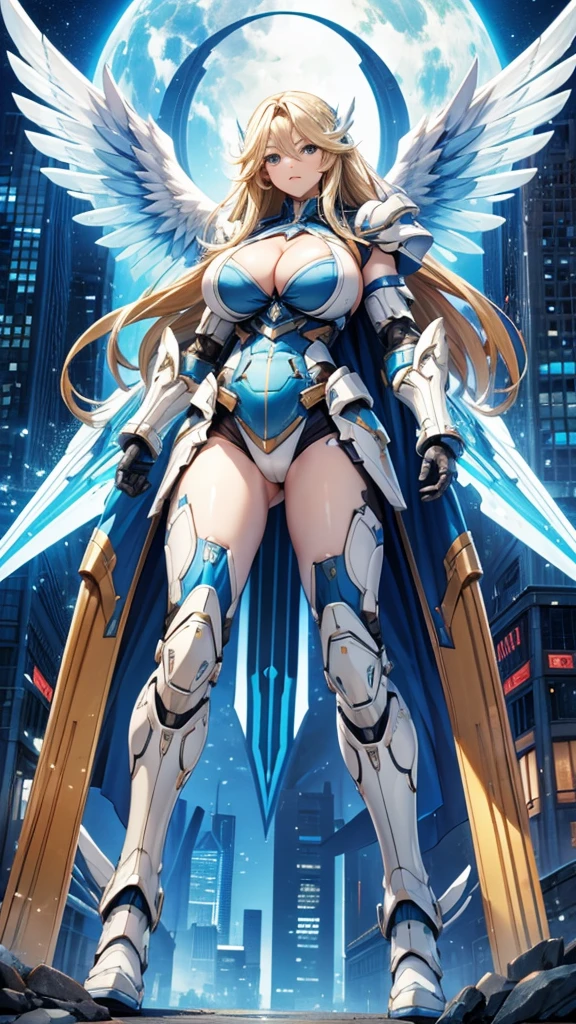 Adult woman with long blond hair and huge breasts，Blue and white science fiction armor，Machine wings，cleavage，muscle，muscle，briefs，Bare Legs，iron boots，City