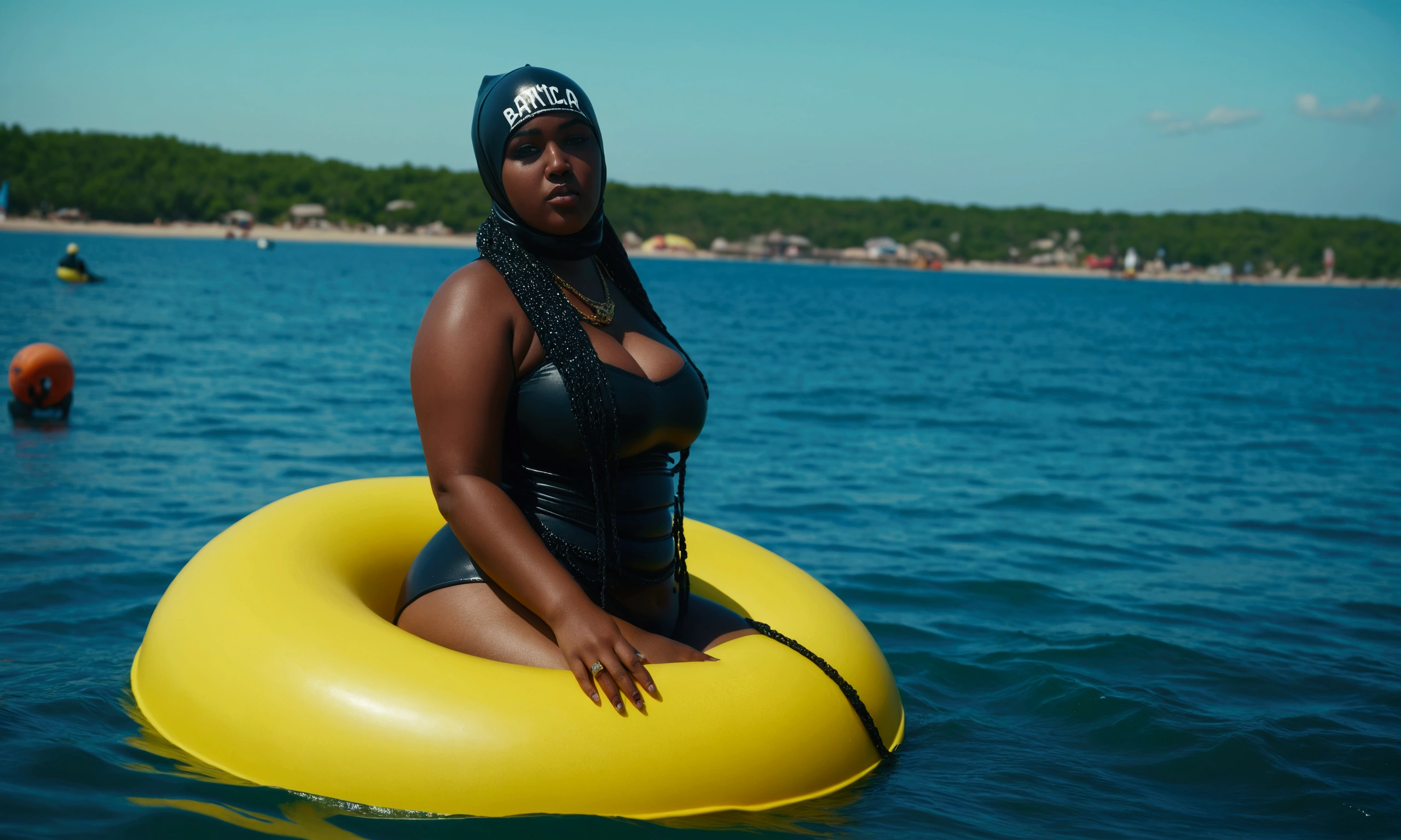 cinematic scene of a beautiful thick girl wearing a baclava posing on a buoy , in the ocean at a beach party, ghetto rap vibe, 4k realistic, shot from side
